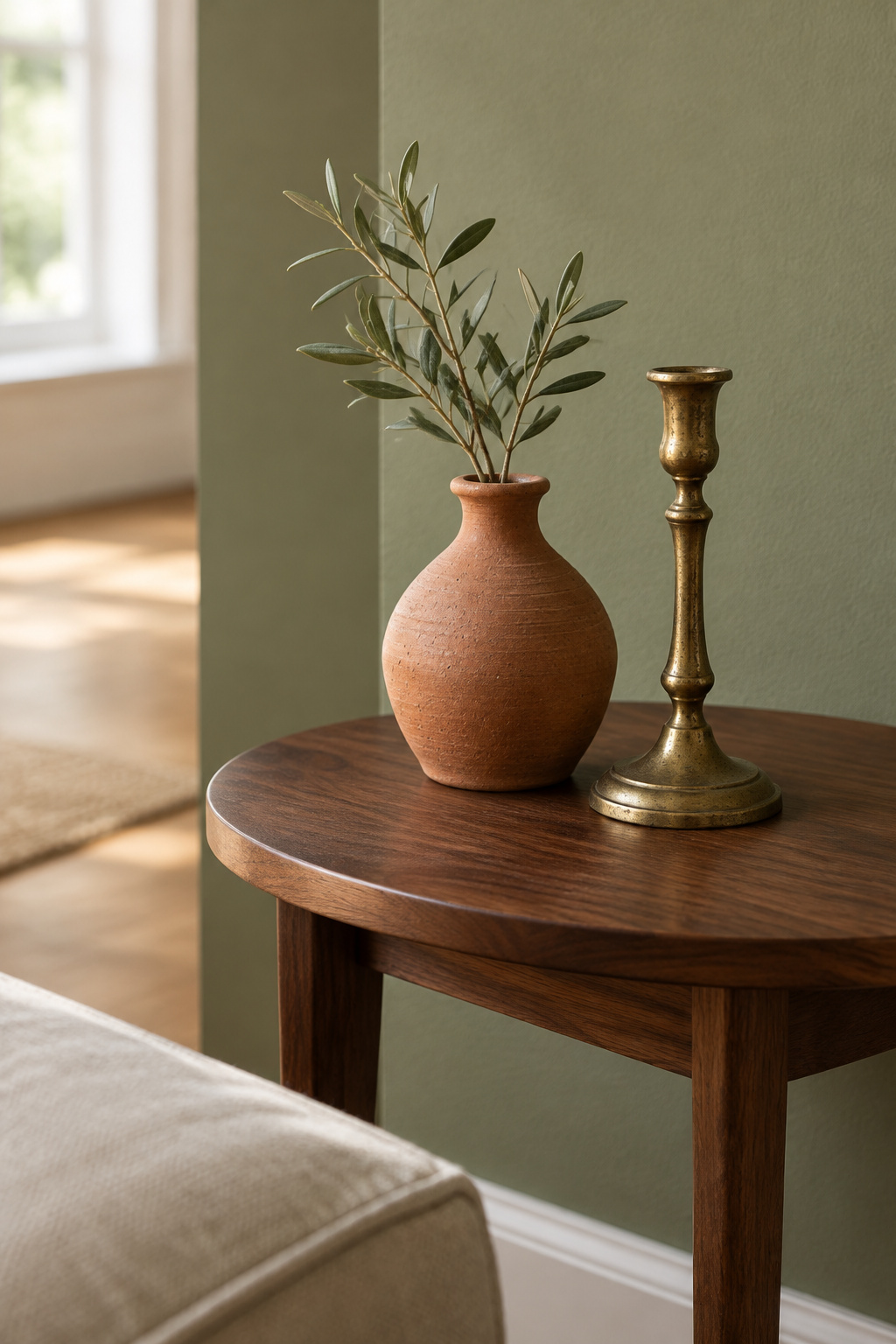 Terracotta ceramic vase and aged brass candlestick styled on a walnut table against a warm sage green living room wall