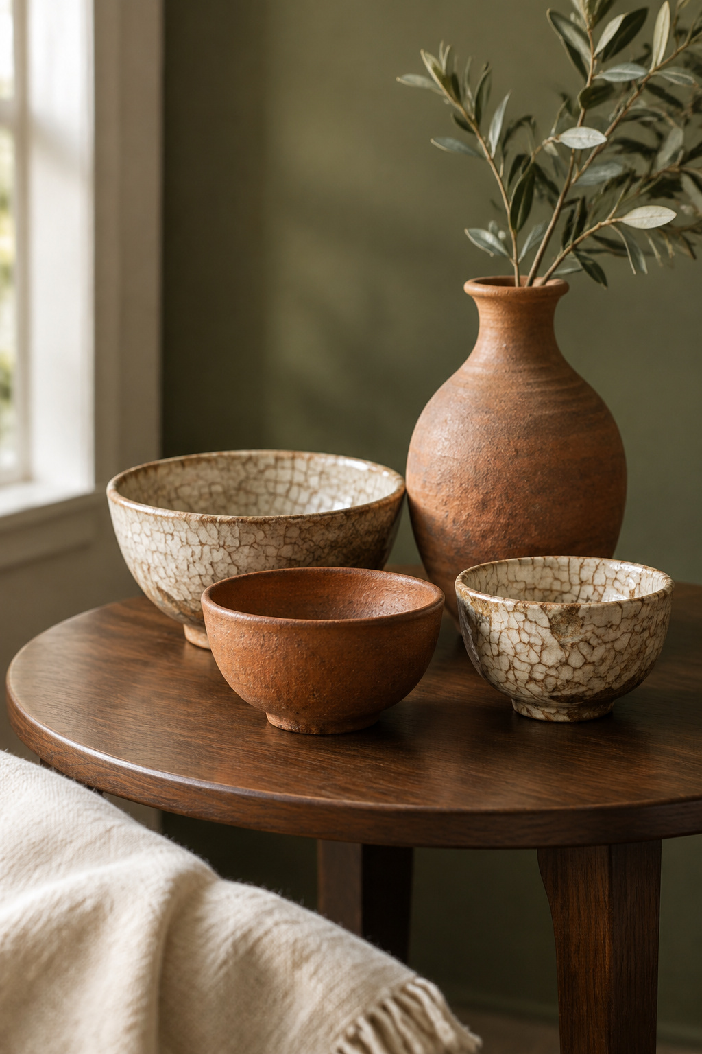 Cluster of terracotta and crackle-glaze clay ceramic bowls and a vase on a walnut side table against an olive-green wall