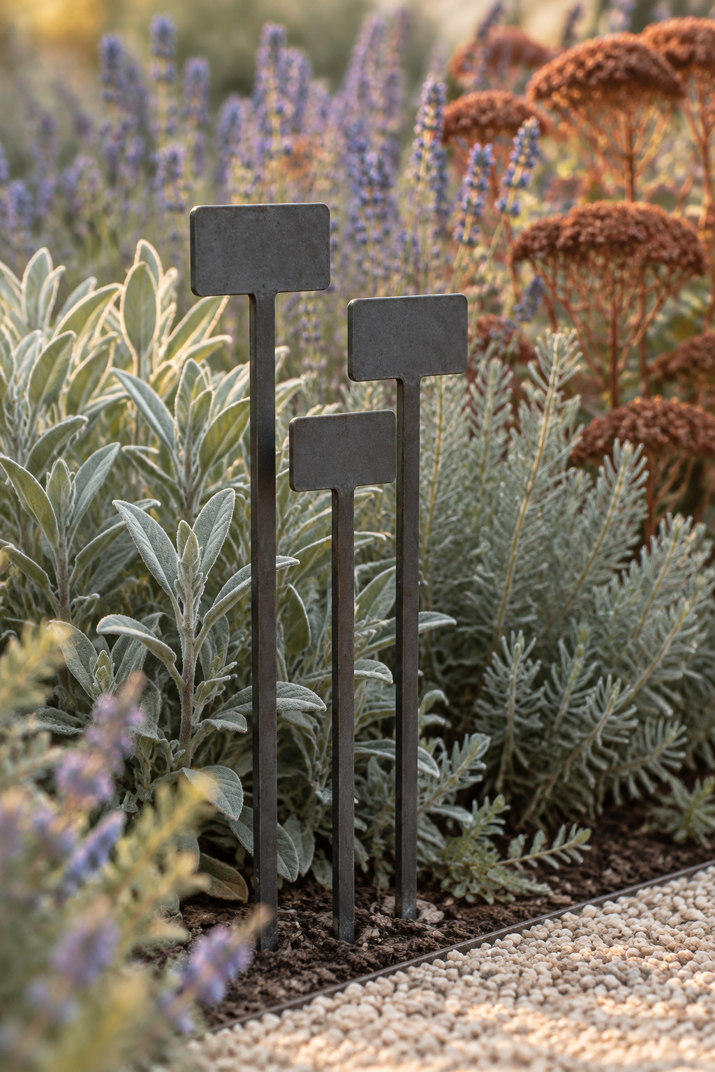 Three blank metal plant markers of different heights grouped at the edge of a pollinator garden bed