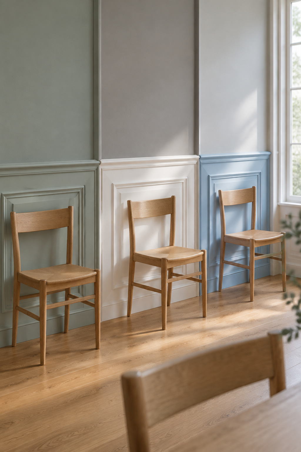 Dining room wall divided into three painted wainscot treatments in chalk white, celadon grey, pewter and powder blue beside plain oak chairs