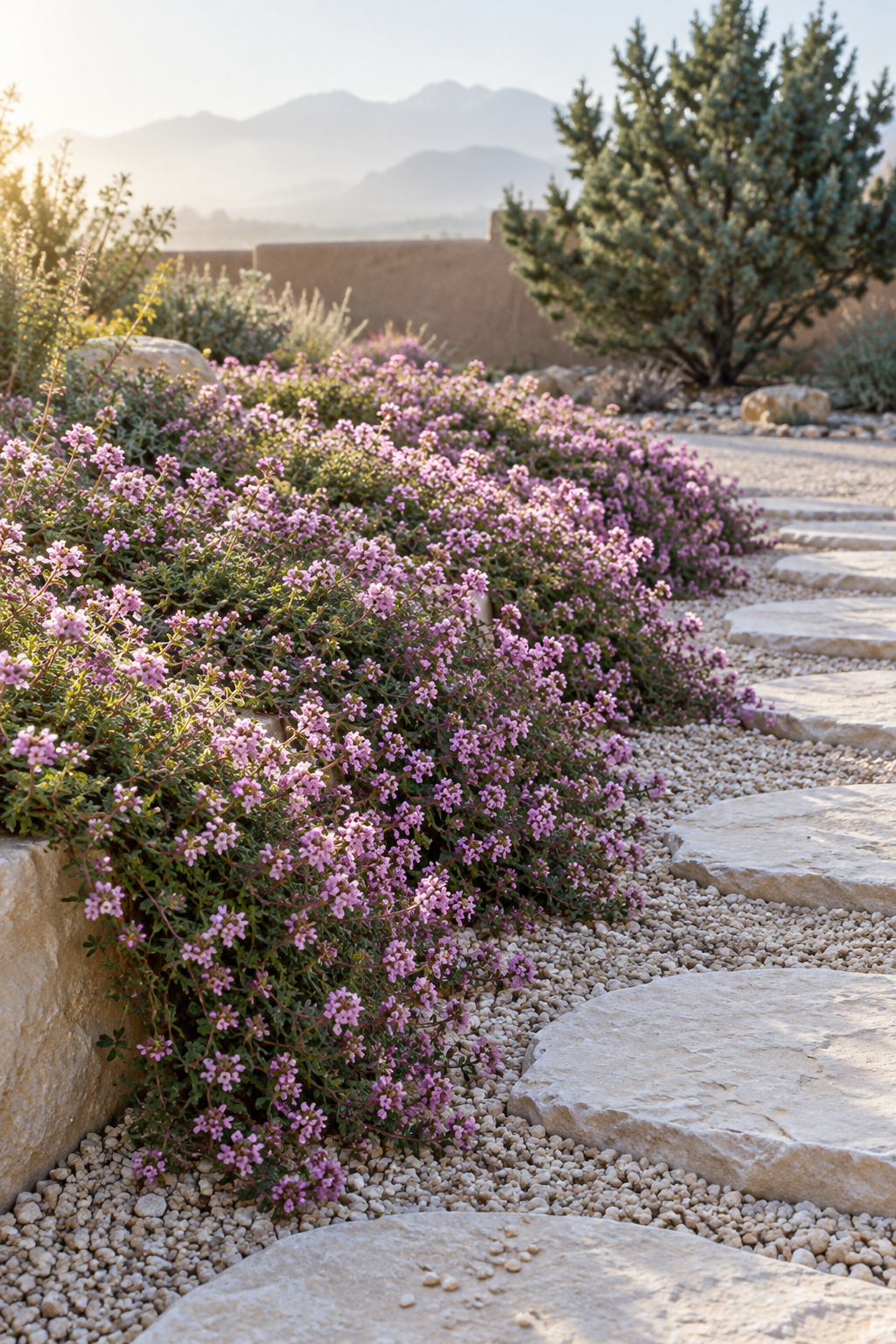 Pink-flowering thyme at a bed edge beside pale limestone stepping stones set in fine gravel