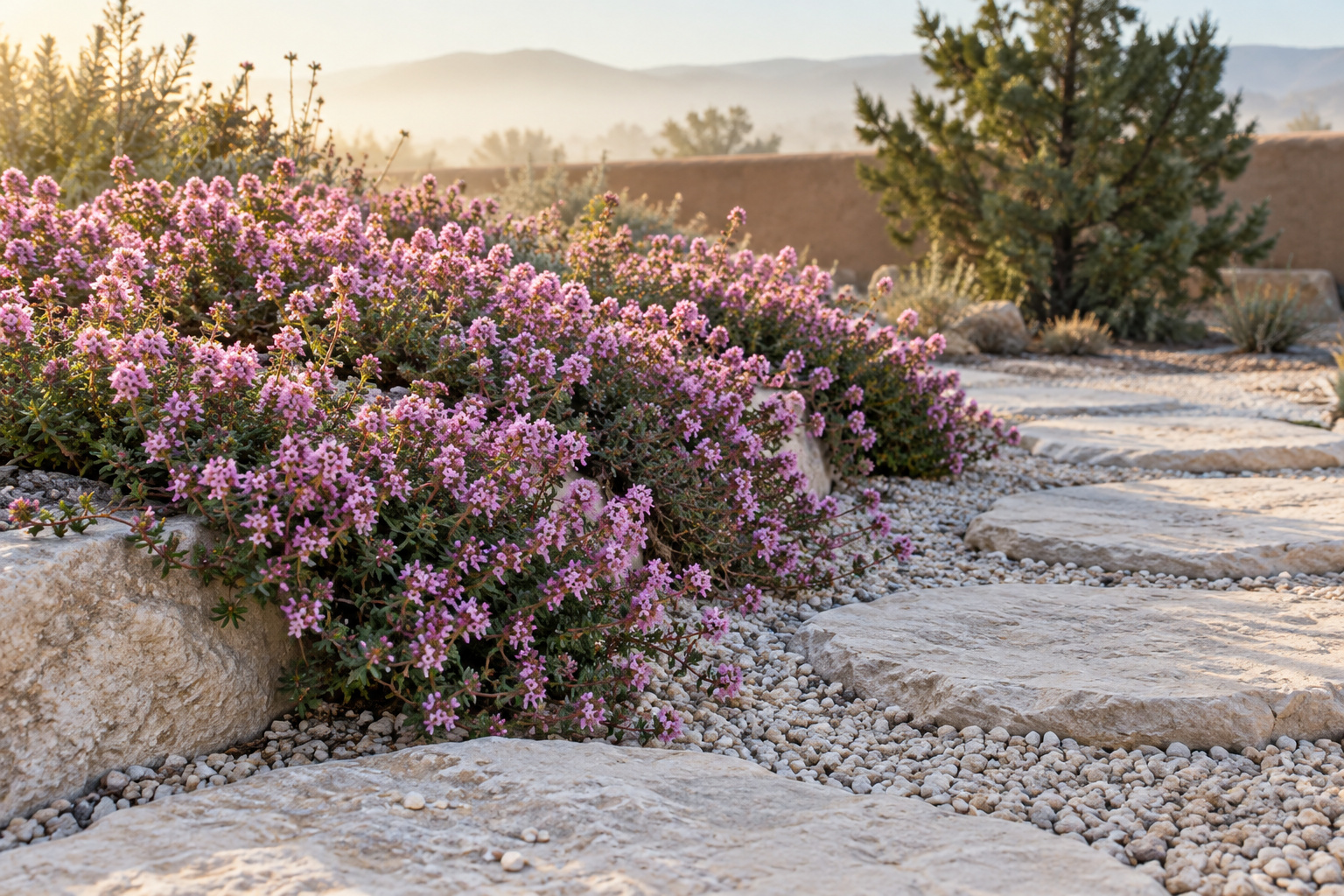 Pink-flowering thyme at a bed edge beside pale limestone stepping stones set in fine gravel