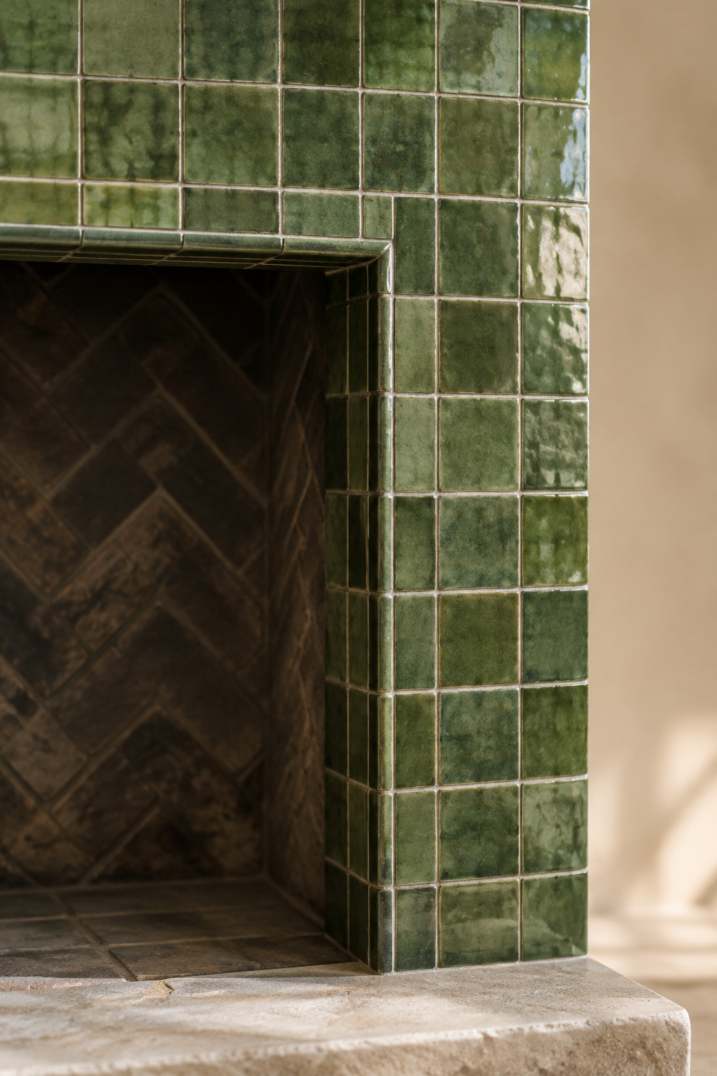 Tightly cropped view of a green zellige tiled fireplace opening, mantel shelf out of frame