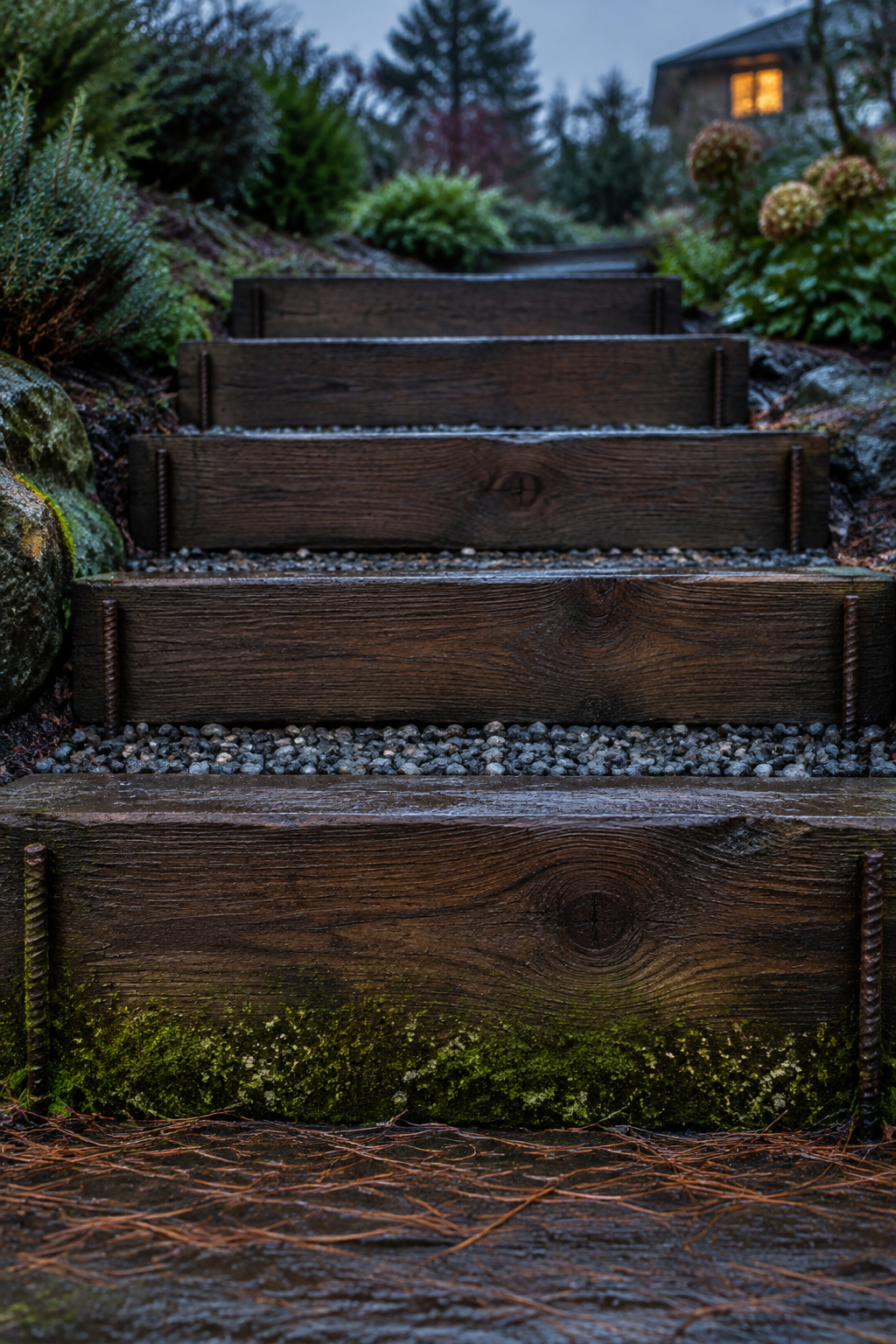 Flight of dark timber sleeper garden steps with gravel behind each riser and moss growing at the foot of the lowest sleeper