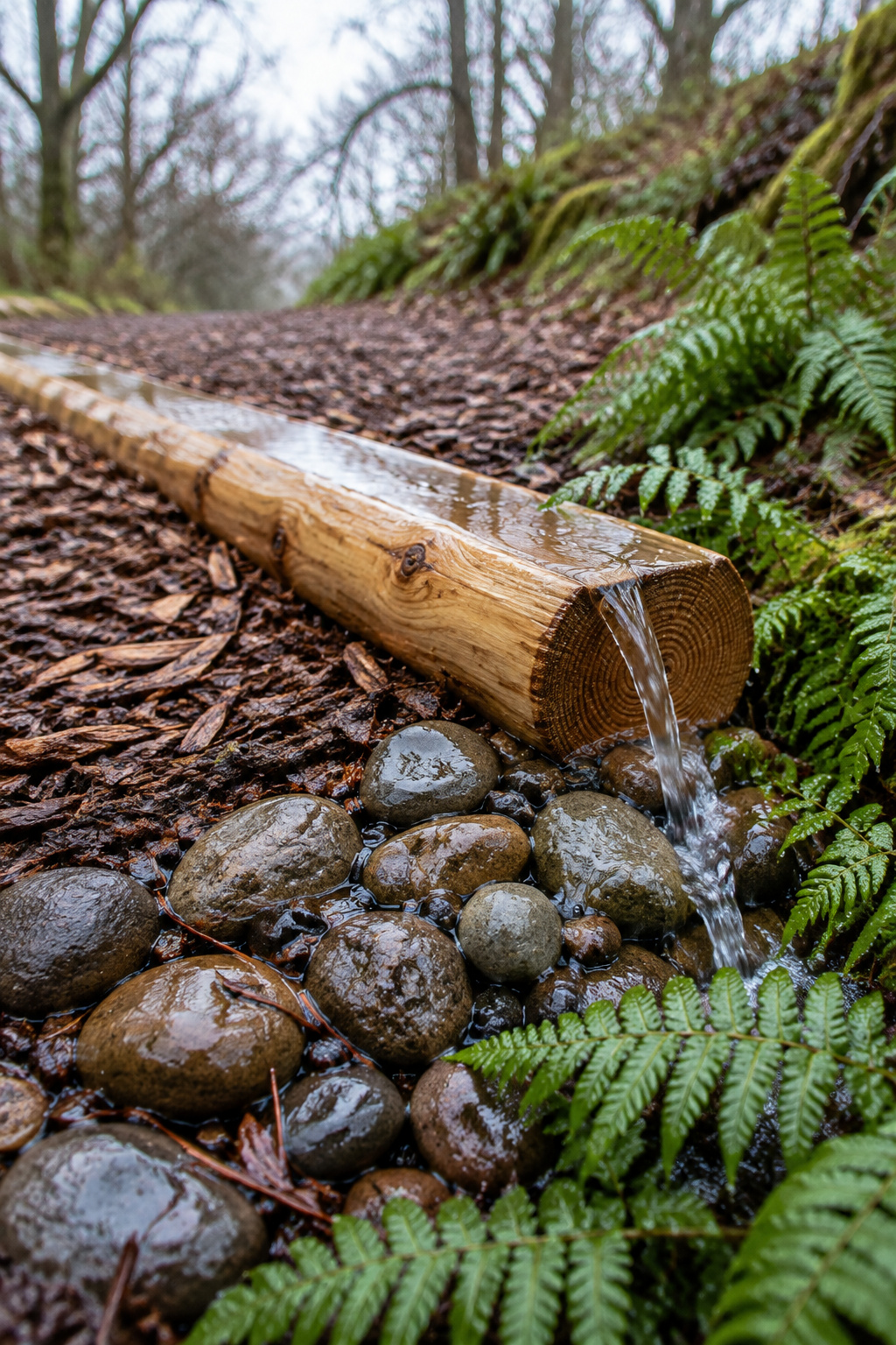 Peeled timber water bar angled across a bark-chip path turning rainwater onto a small apron of round stones
