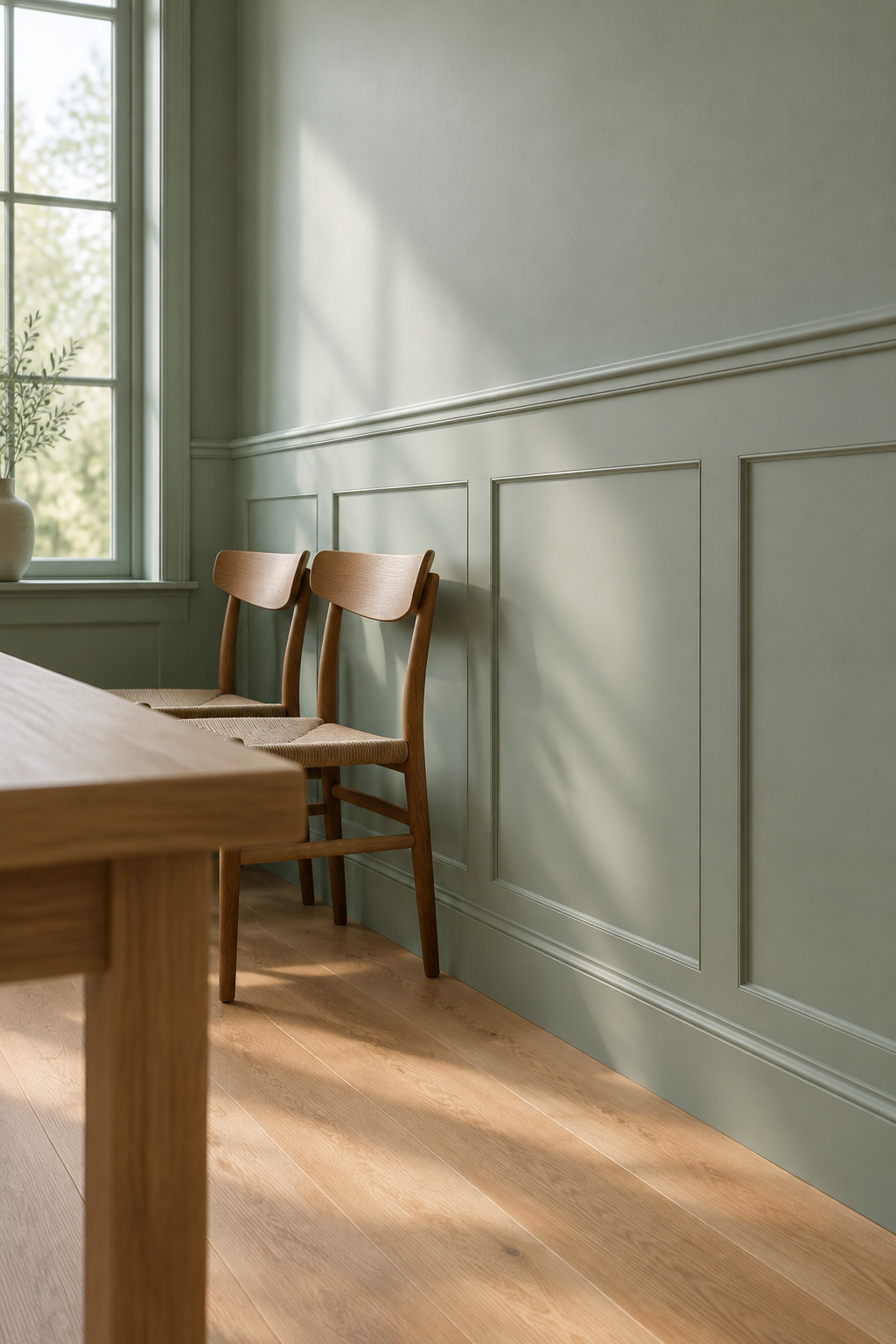 Dining room wall in one celadon color from panel to wall with fine shadow lines marking slim picture-frame moldings