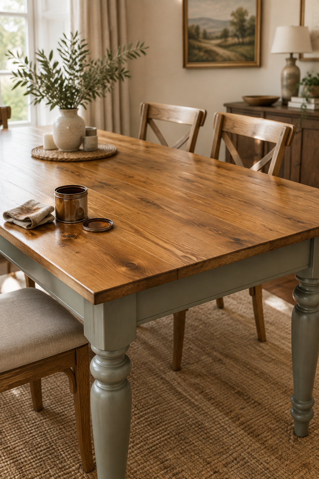 Dining table with a painted sage-gray turned-leg base and a honey-stained pine top, apron line crisp in daylight