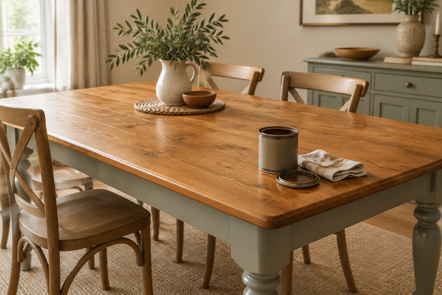 Dining table with a painted sage-gray turned-leg base and a honey-stained pine top, apron line crisp in daylight