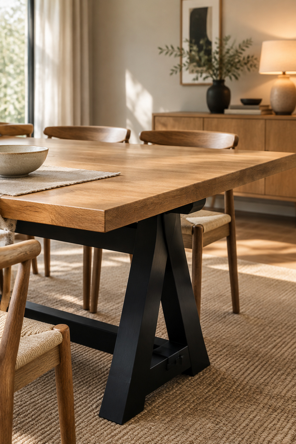 Two-tone dining table with a black painted trestle base and a warm oak tabletop in a daylight dining room