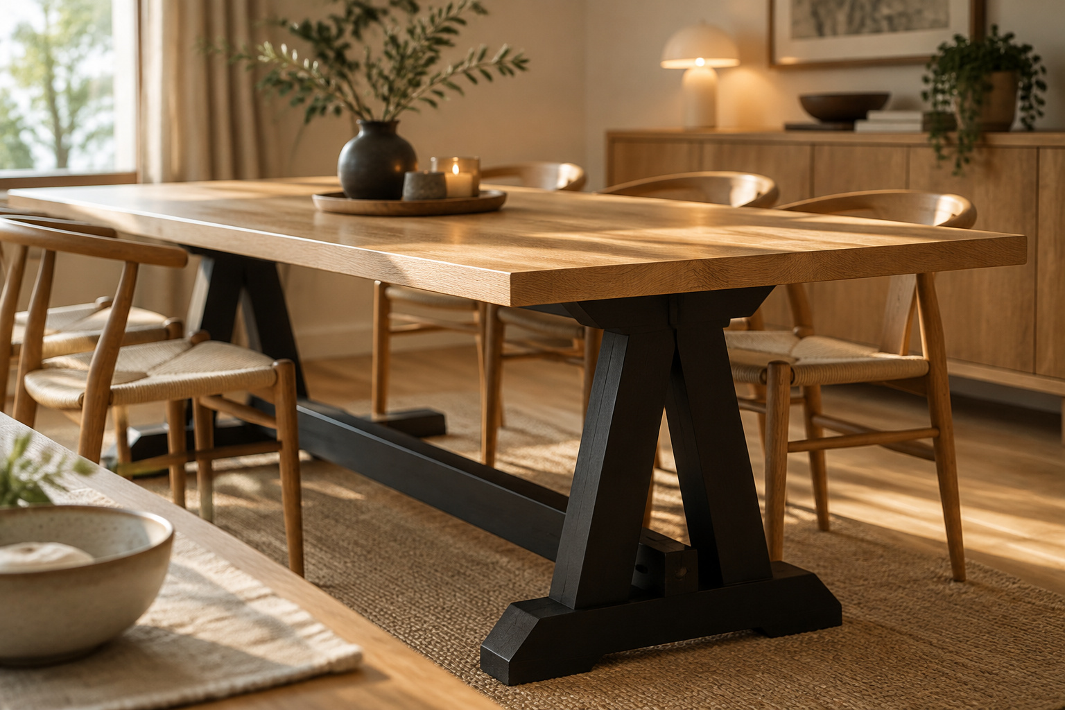 Two-tone dining table with a black painted trestle base and a warm oak tabletop in a daylight dining room