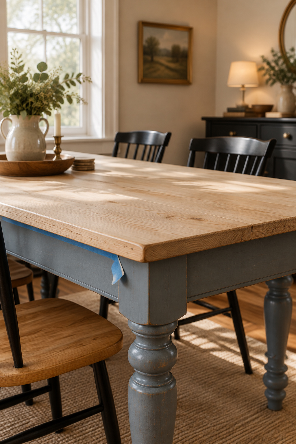 Two tone dining table with a blue-gray painted base and a pale scrubbed pine top, painter's tape line visible along one edge