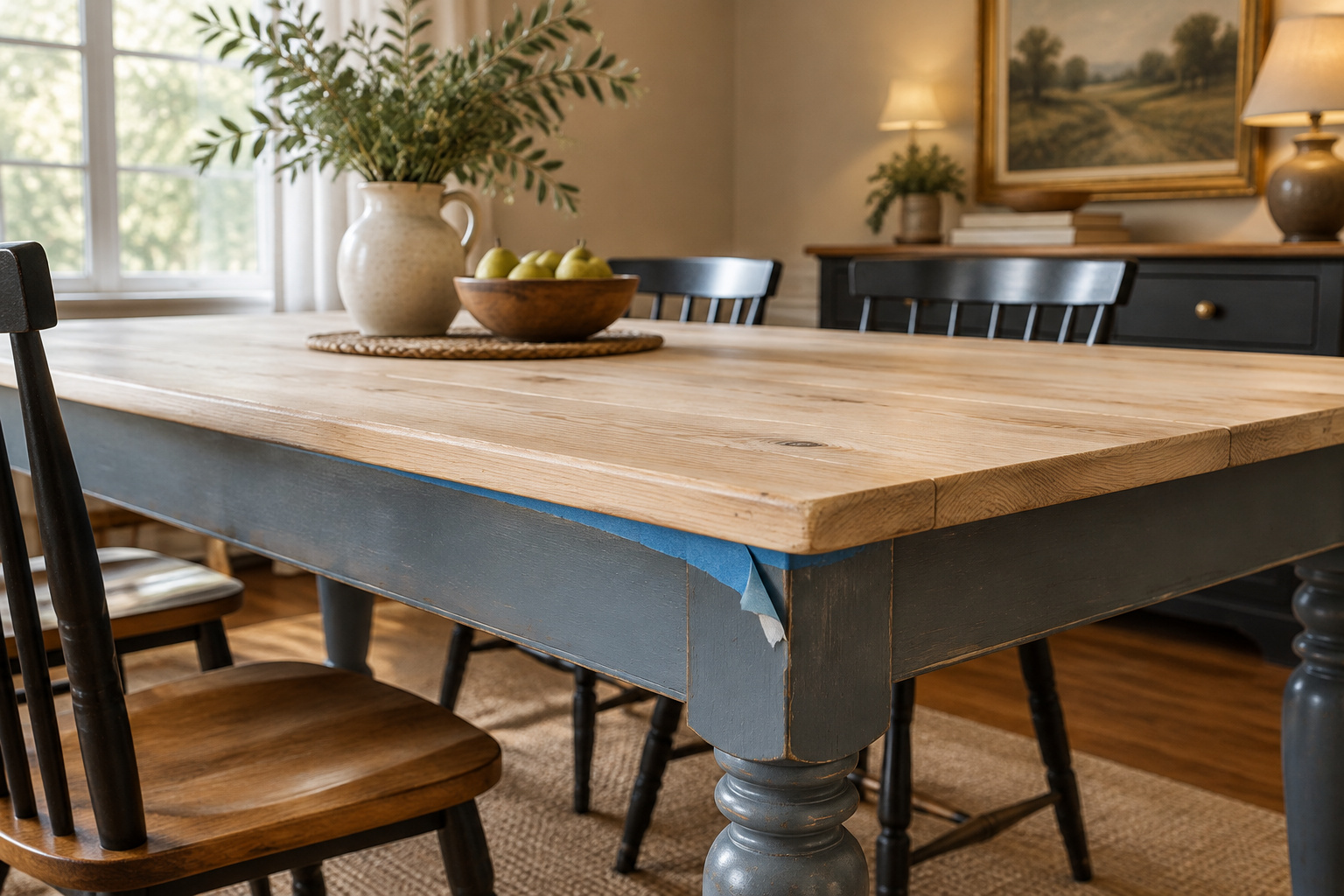 Two tone dining table with a blue-gray painted base and a pale scrubbed pine top, painter's tape line visible along one edge