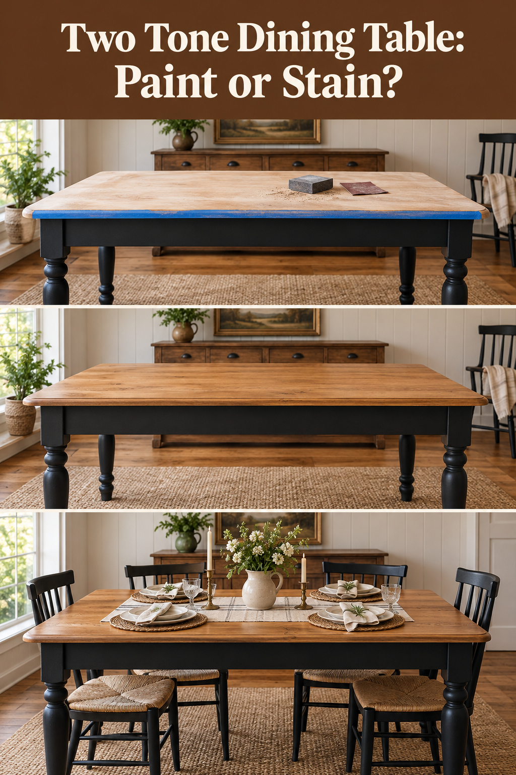 Three panel Pinterest pin showing the stages of a two tone dining table from taped and sanded to finished black base and oak top