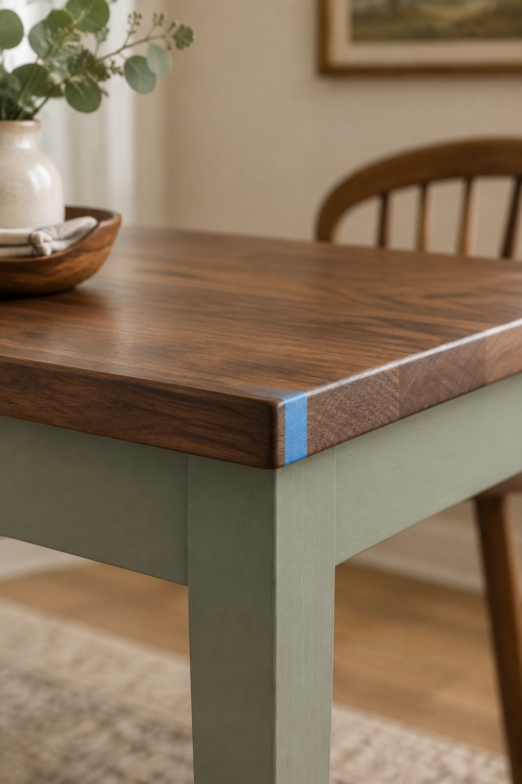 Close-up of a two-tone dining table's apron line where a walnut top meets a sage green painted base