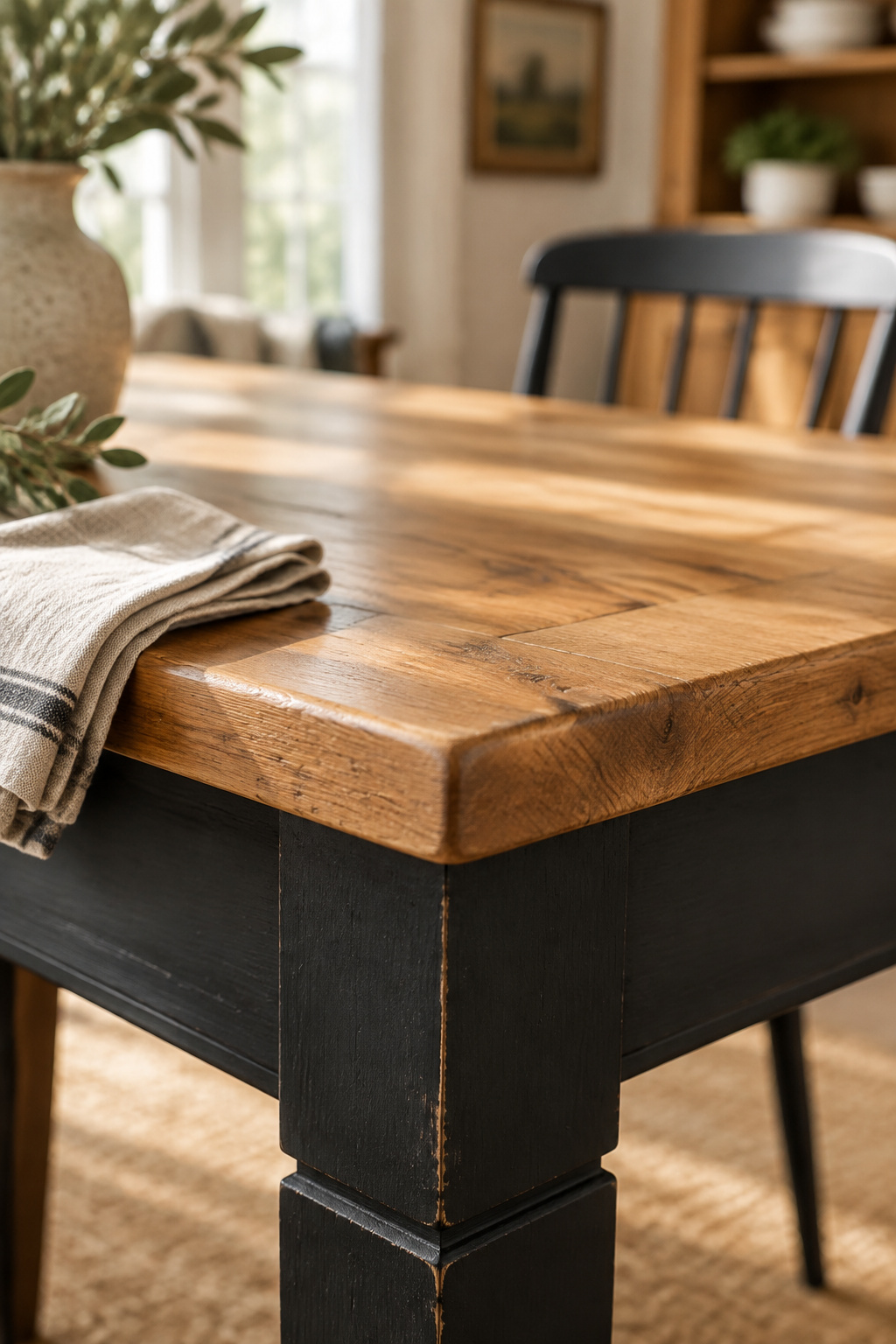 Close view of a black painted table apron meeting a bare wood tabletop, showing the contrast between painted base and wood top