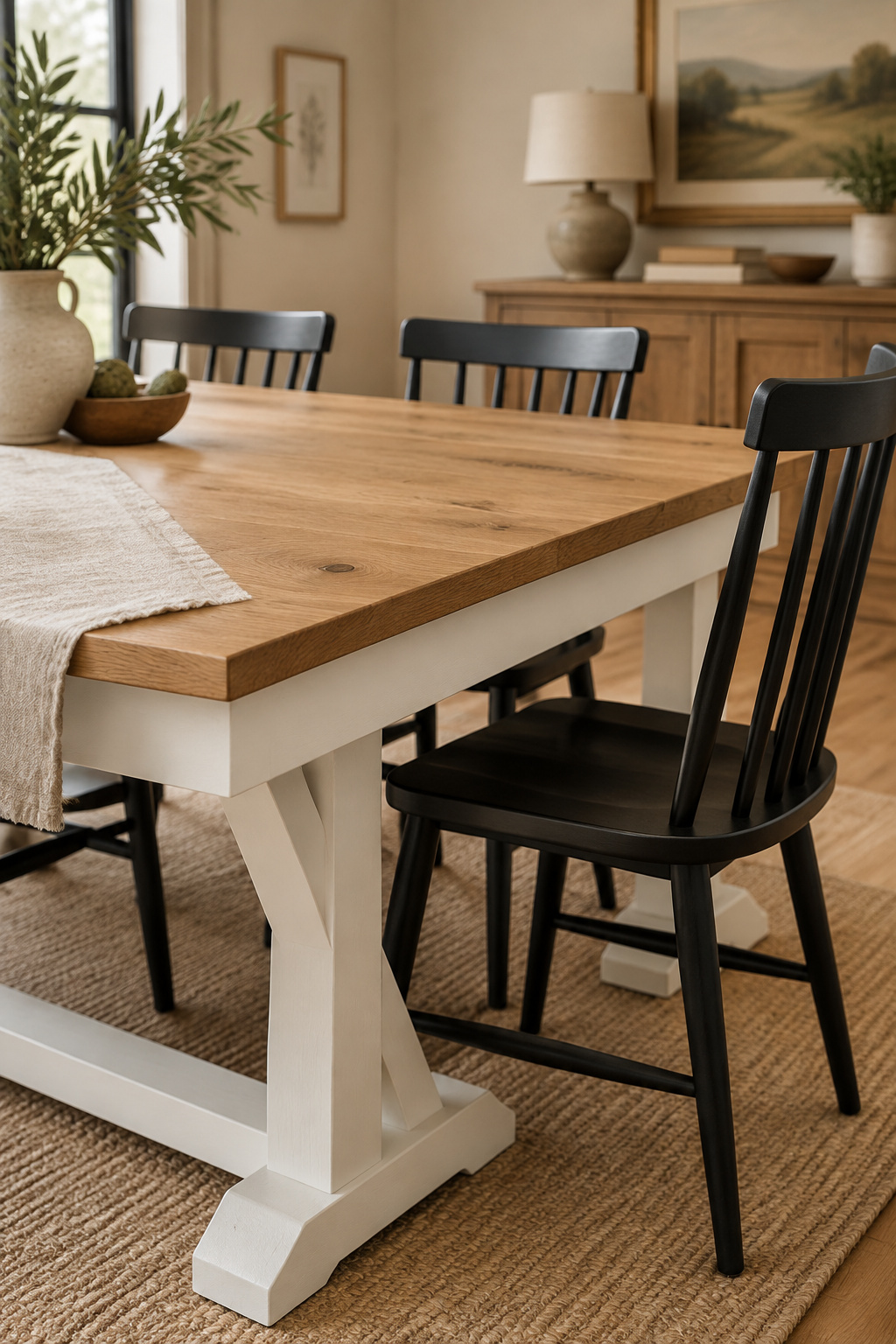 Two-tone dining table with an oak top and white painted base, surrounded by black wood dining chairs in a sunlit dining room