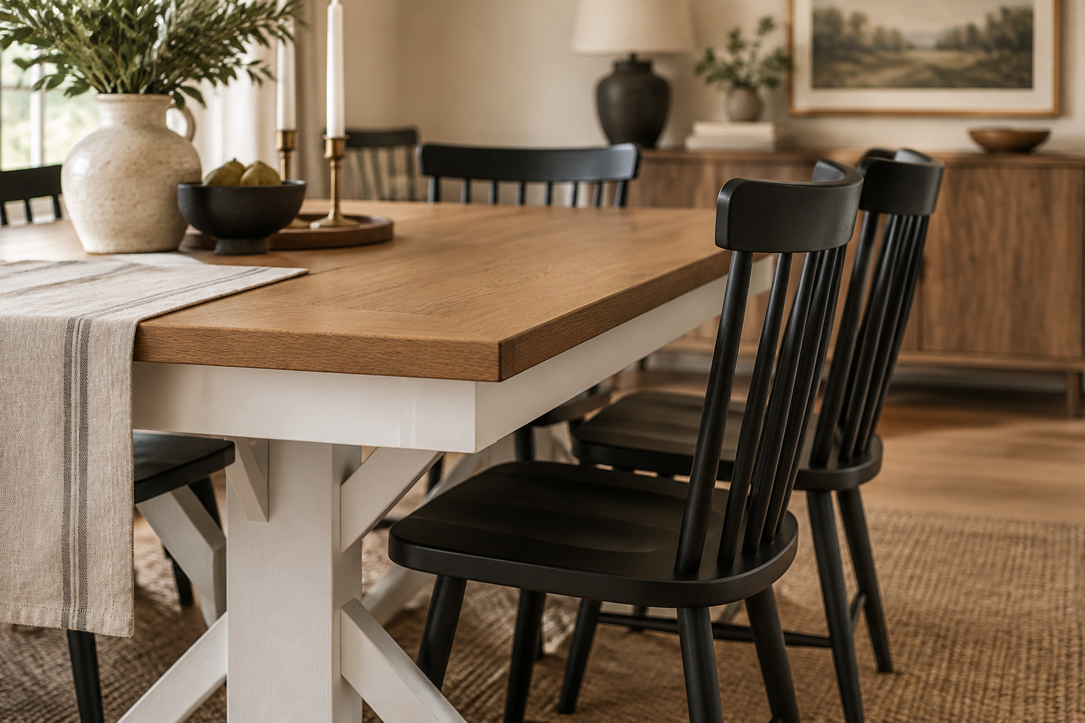 Two-tone dining table with an oak top and white painted base, surrounded by black wood dining chairs in a sunlit dining room