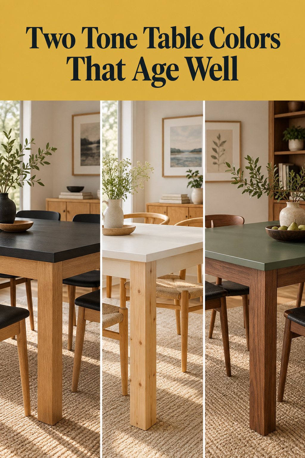 Pinterest collage of three two-tone dining tables in black-and-oak, white-and-pine, and green-and-walnut pairings under a mustard gold headline banner