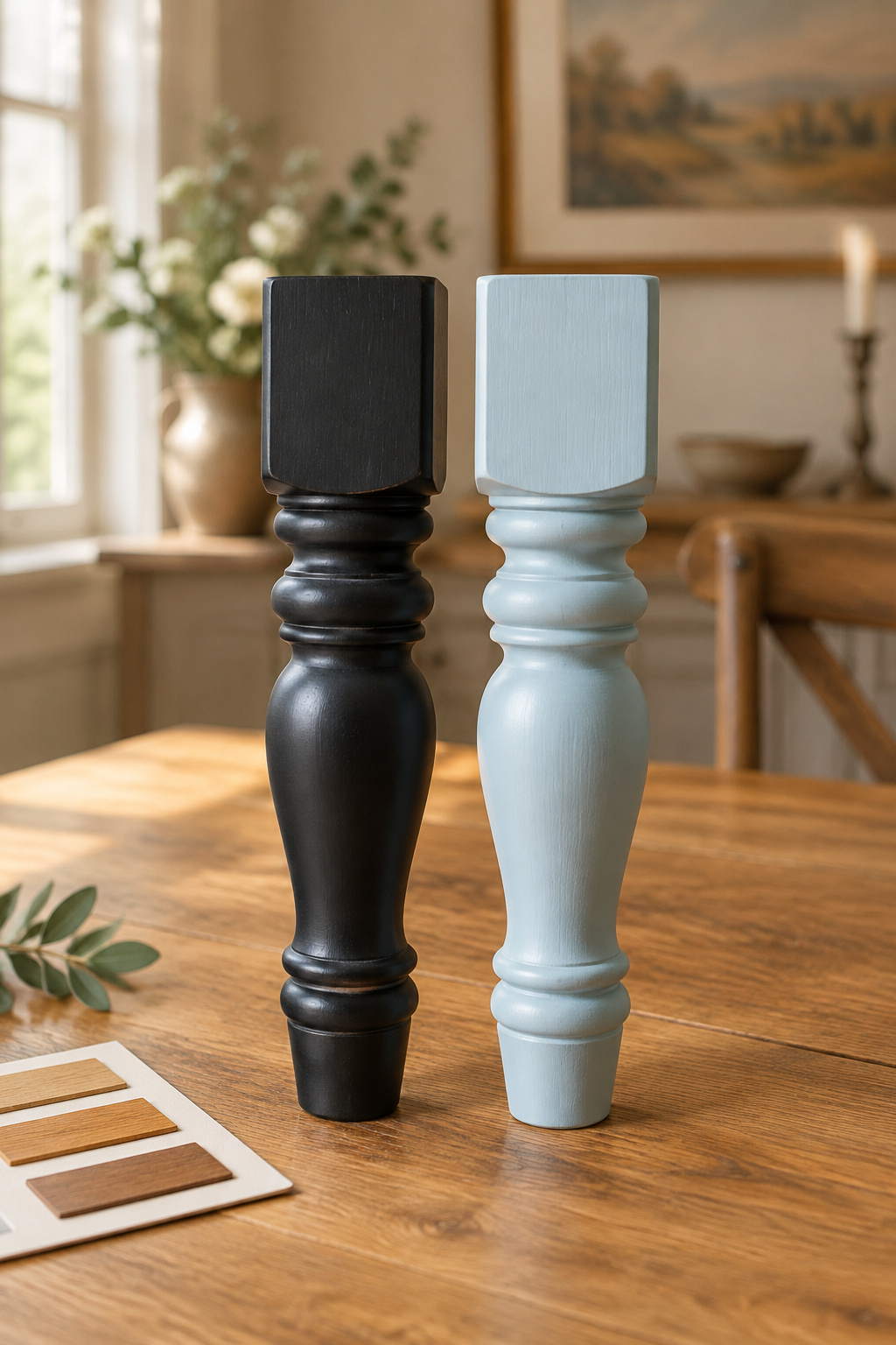 Black and pale blue painted sample legs propped against an oak tabletop, comparing how each shows a small scuff