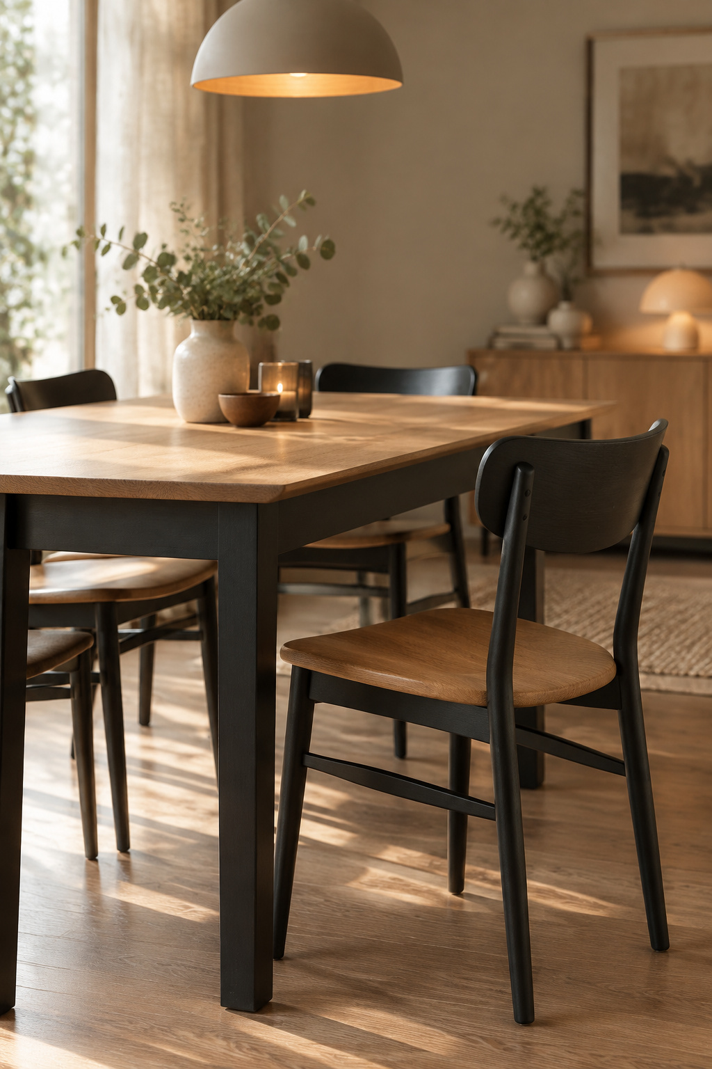 Two-tone dining table with a black base and oak top surrounded by chairs with black frames and wood seats