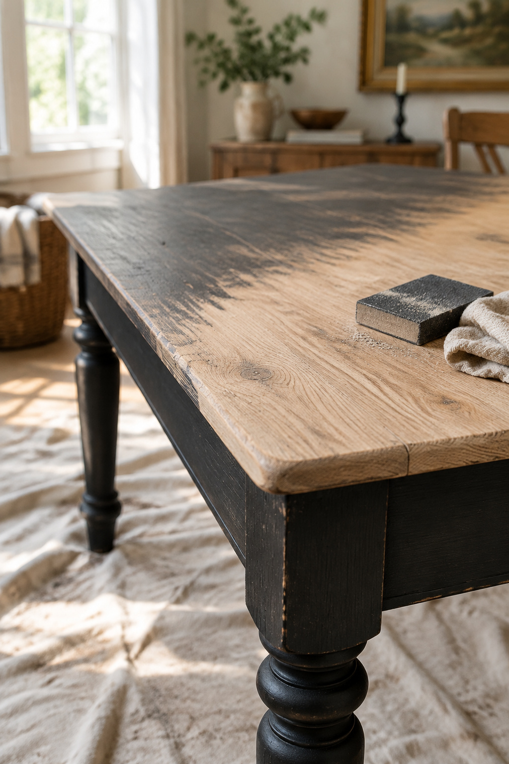 Dining table with a freshly painted black base and a tabletop half sanded, showing raw wood on one half and old finish on the other