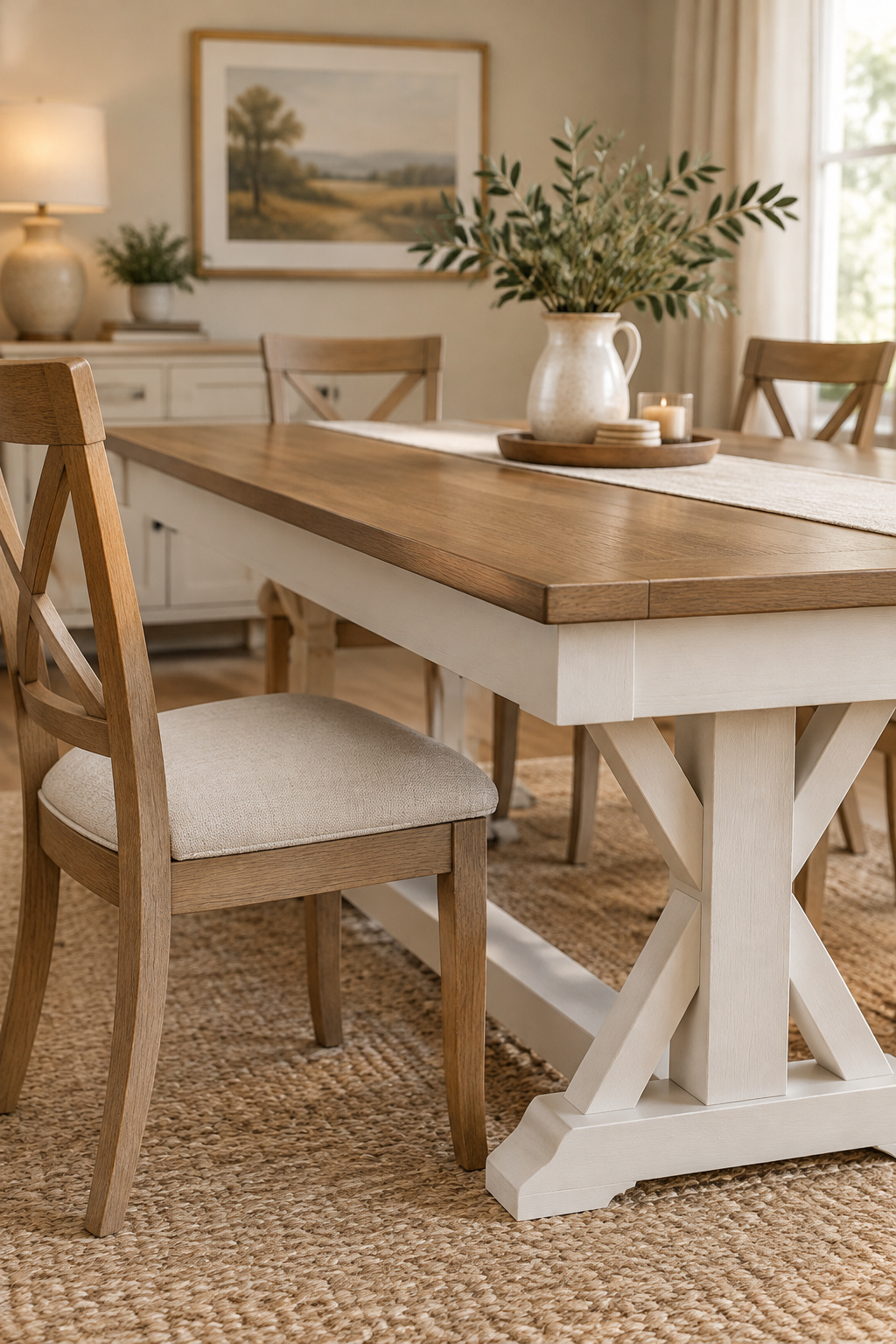 Two-tone dining table with a satin off-white painted trestle base and a stained veneer tabletop