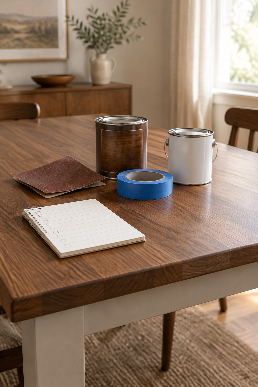 Sandpaper, stain, tape and paint arranged on a plain wood dining table before a two-tone makeover