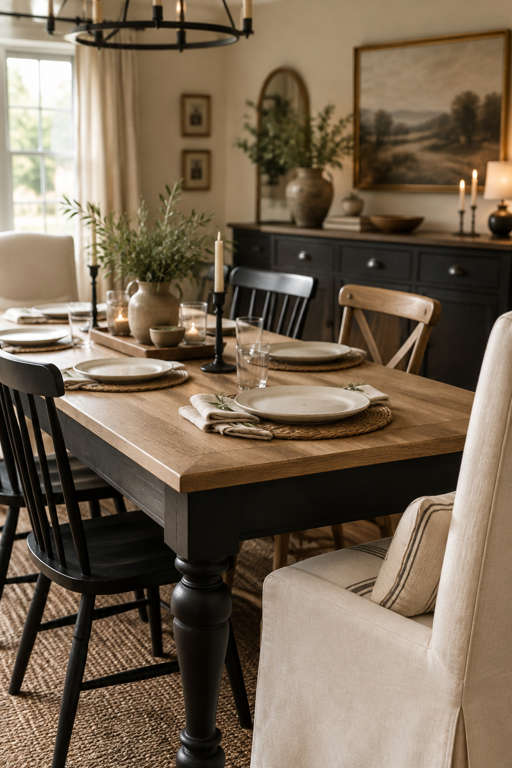Two tone dining table with black base and oak top, styled with upholstered chairs at each end and simple side chairs between