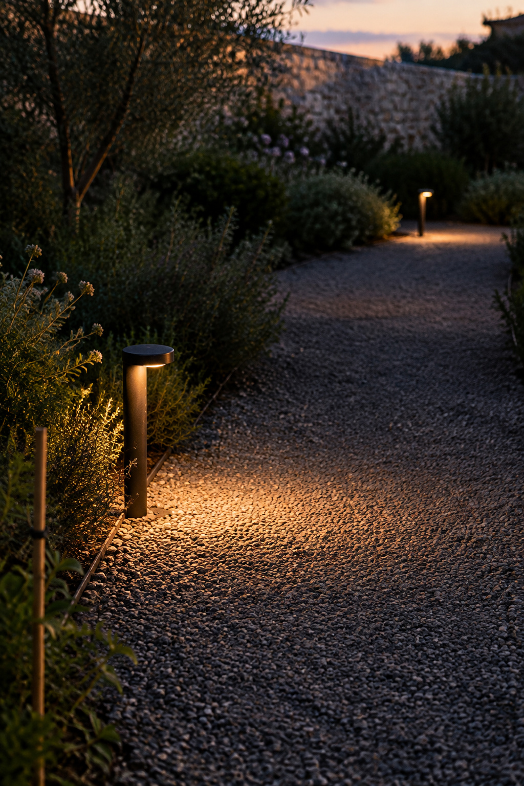 Two low warm path lights set far apart on a crushed stone path, each making a soft pool of light with darkness between