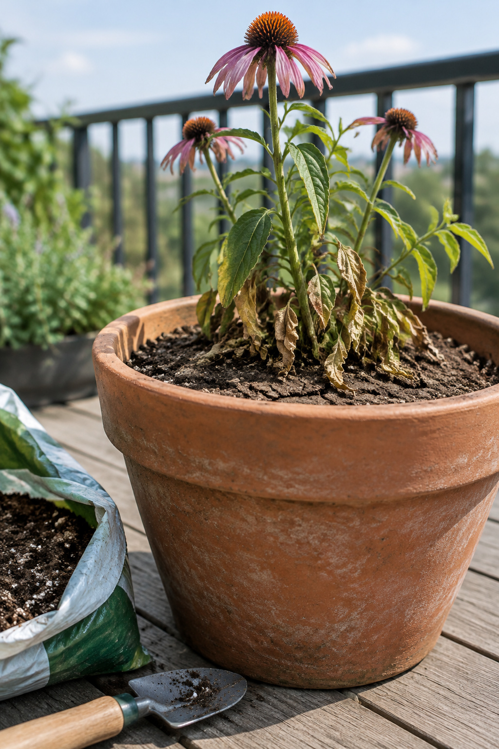 A coneflower wilting in a shallow terracotta pot with dry soil pulling away from the pot's edge