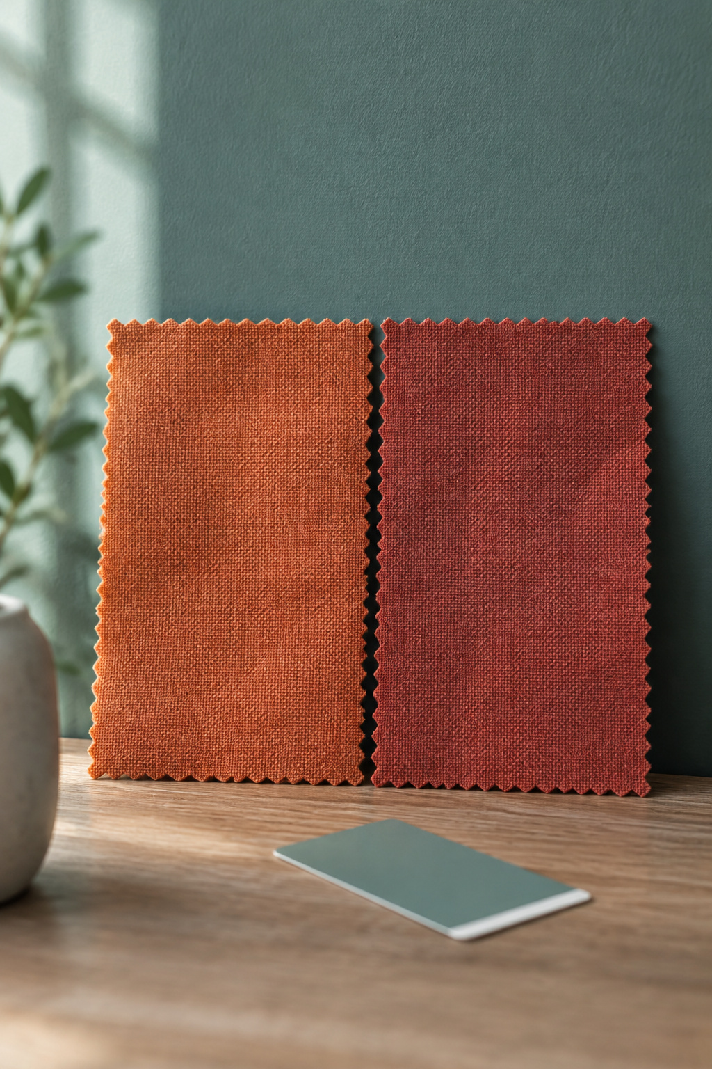 Two terracotta fabric swatches, one warmer and one cooler, compared side by side against a cool blue-leaning green wall