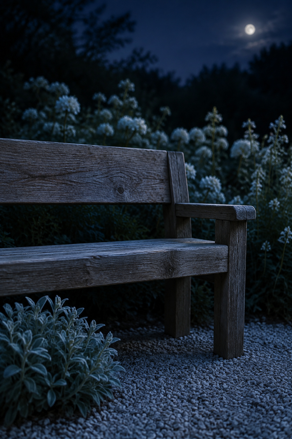 A weathered cedar bench left unlit at the edge of a moon garden bed, lit only by moonlight
