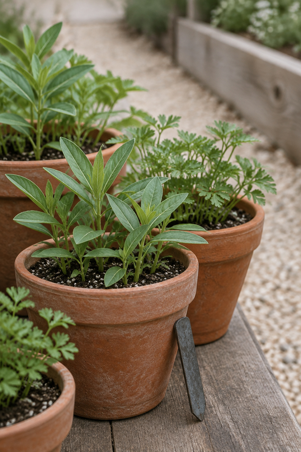 Young milkweed and parsley seedlings in terracotta pots with a dark steel plant marker, ready to plant
