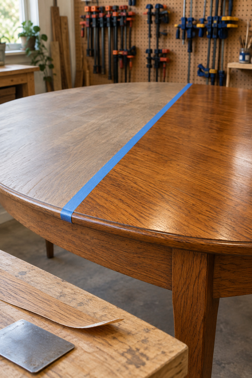 Veneer dining tabletop half-refinished with gel stain, painter's tape marking the line between the new amber finish and the original dulled surface