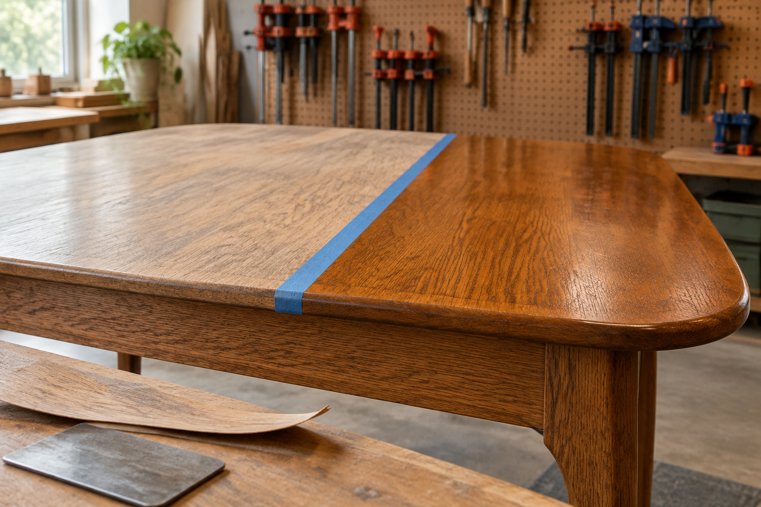 Veneer dining tabletop half-refinished with gel stain, painter's tape marking the line between the new amber finish and the original dulled surface