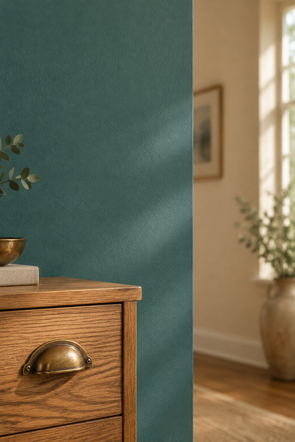 Cool blue-green verdigris-toned wall paint beside an aged brass drawer pull on warm oak furniture