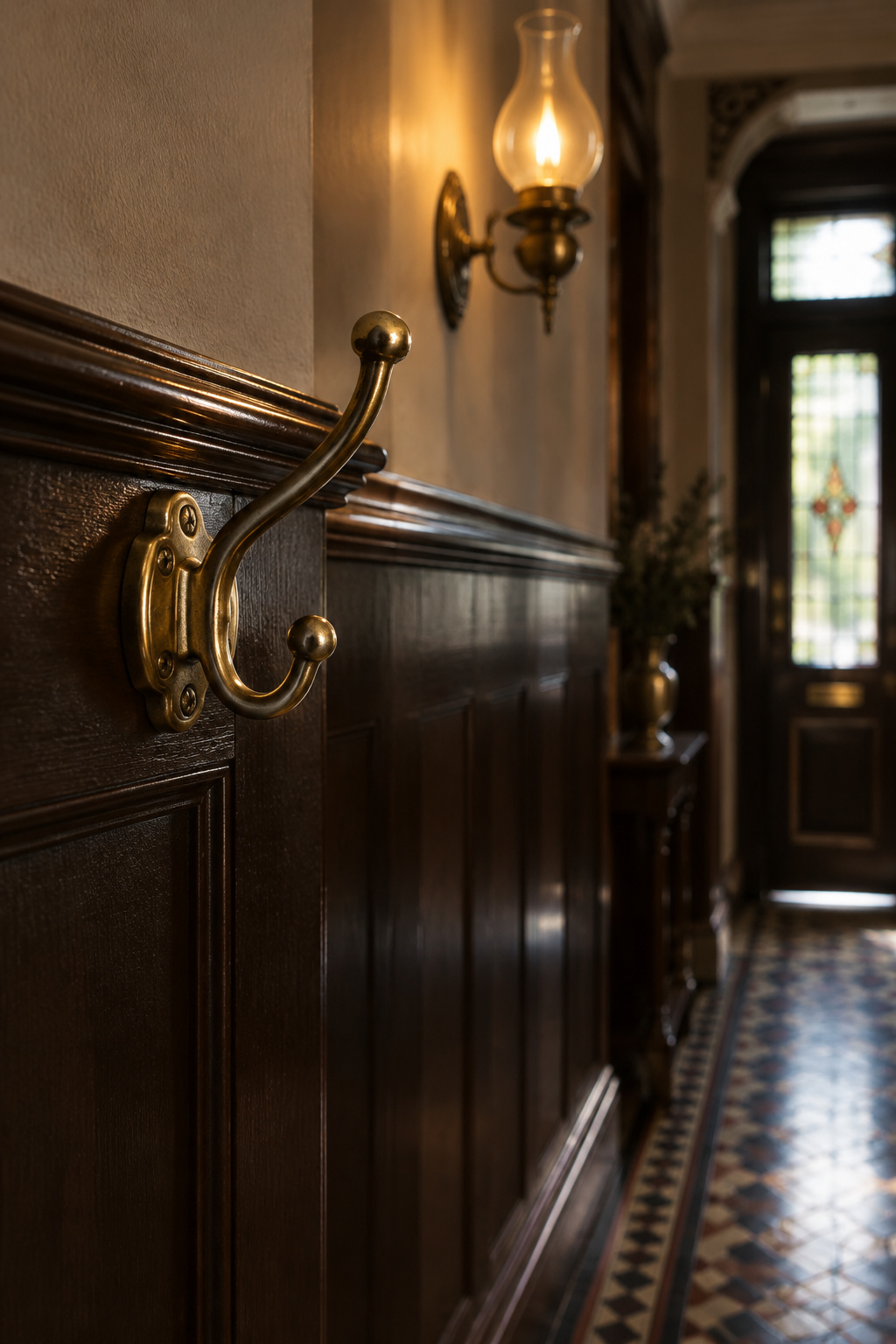 Victorian entryway hall with a dark dado-height lower wall, timber dado rail and brass coat hook