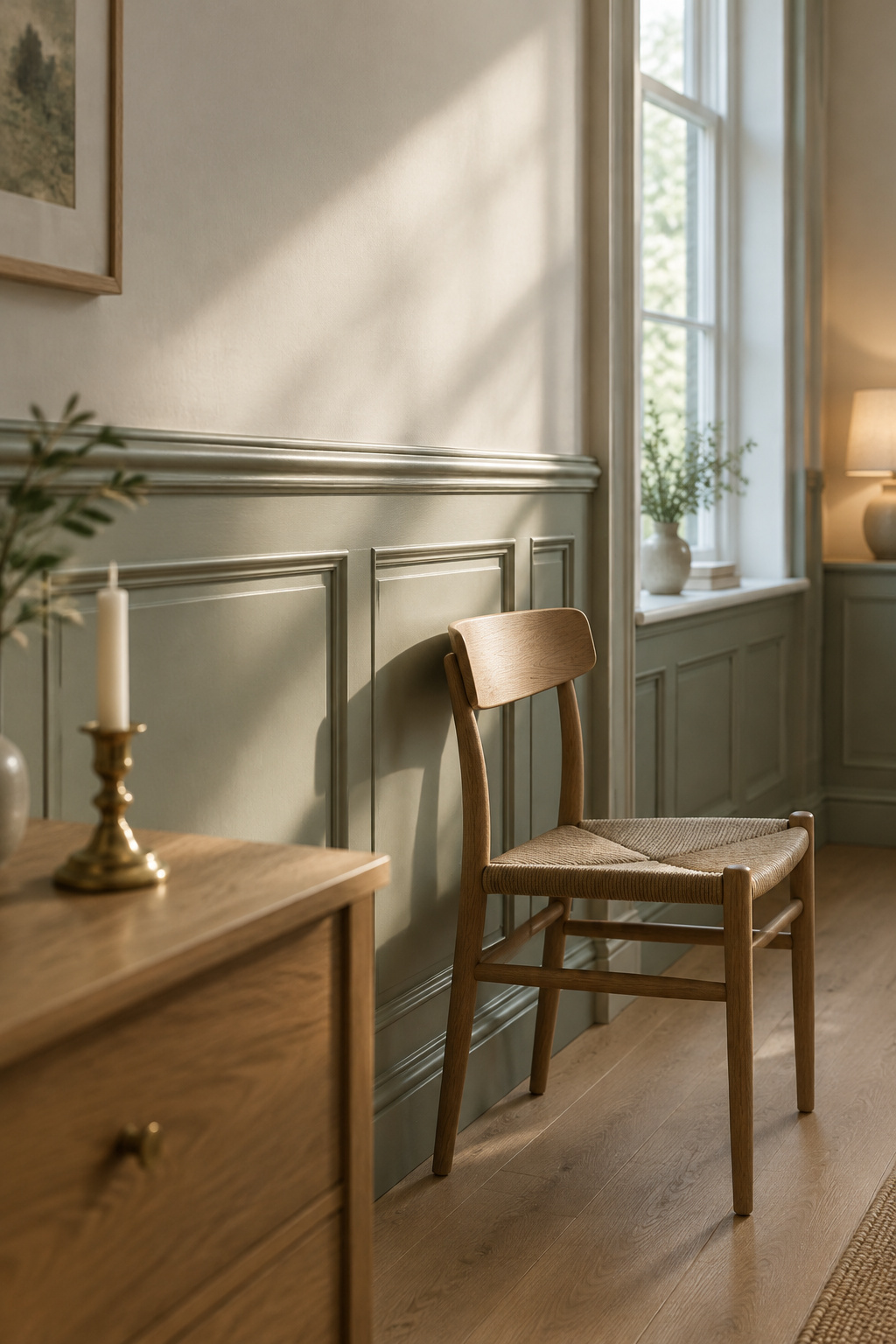 Celadon painted wainscot under a warm white wall in raking daylight beside a plain oak chair