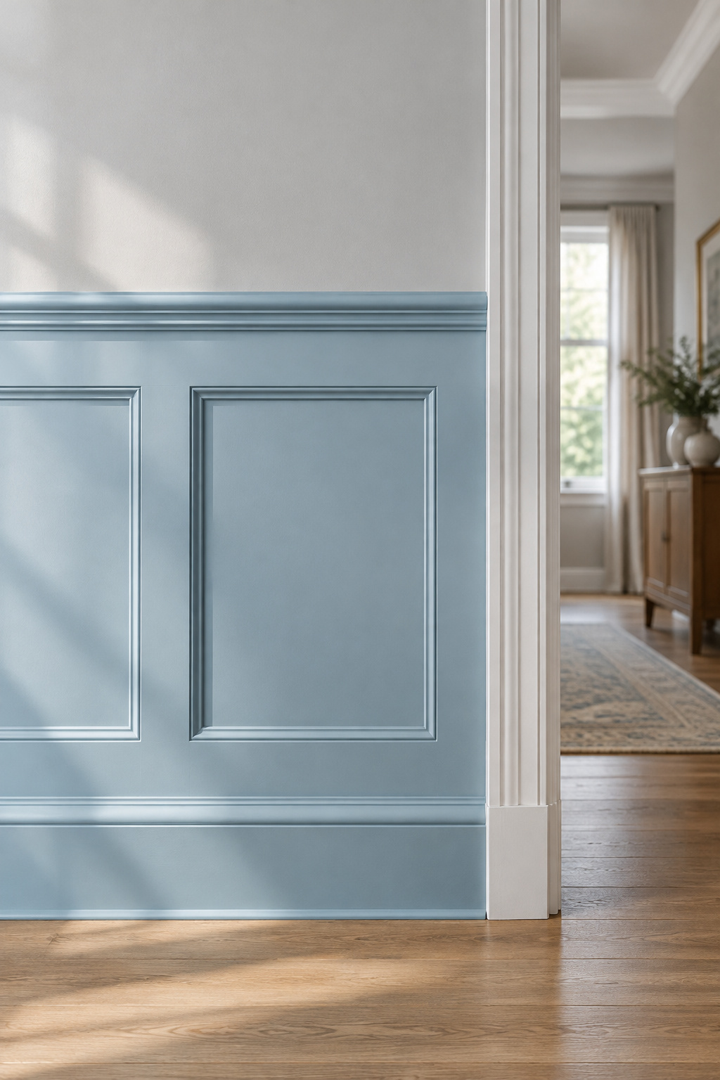Powder blue wainscoting stopping at a white door casing in a dining room with a clean joint