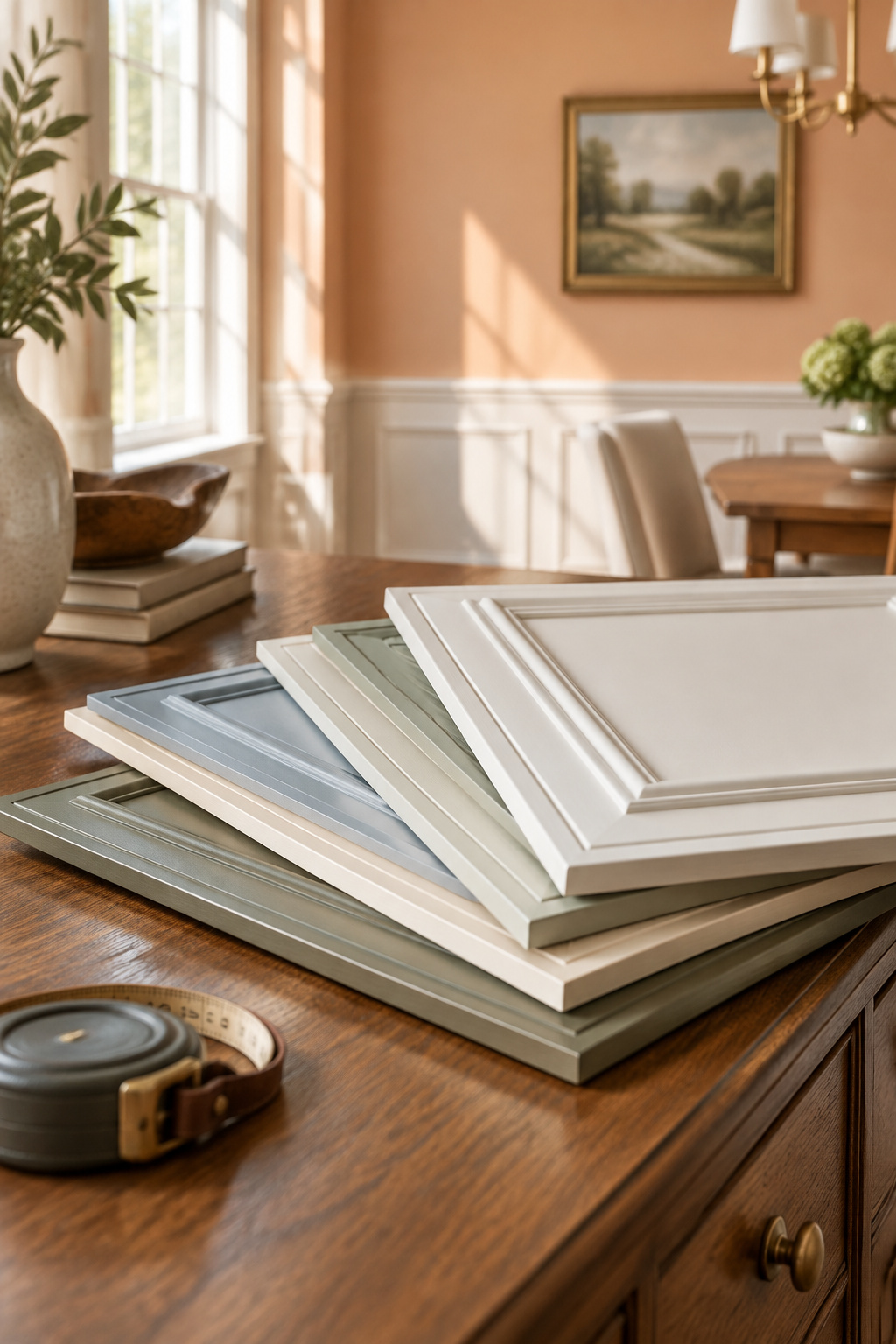 Fanned painted wainscot sample panels of different styles beside a coiled tape measure on a dining room sideboard