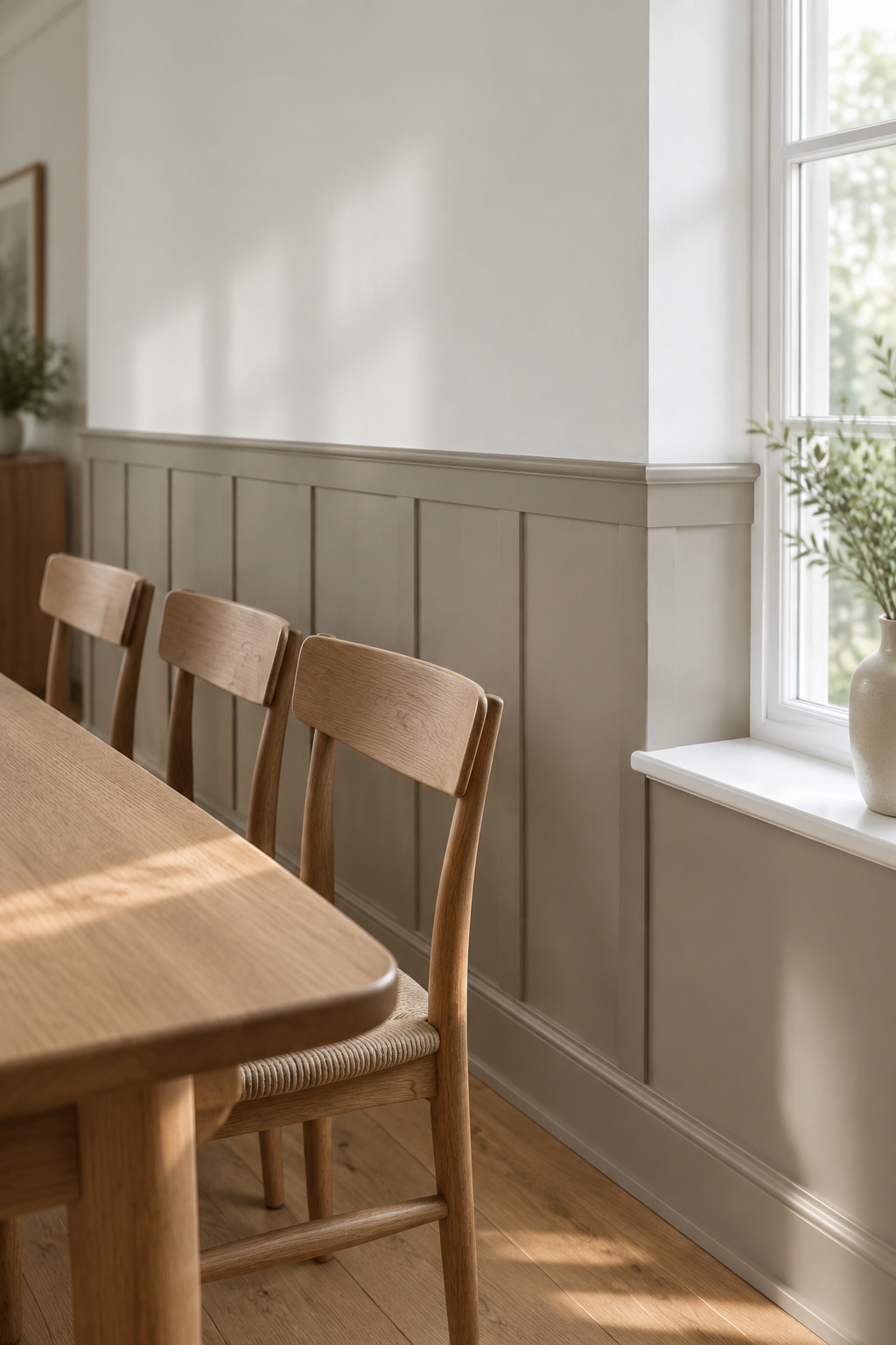 Daylight dining room with a mushroom-painted paneled wall, a level cap line and wooden chairs pushed back against it