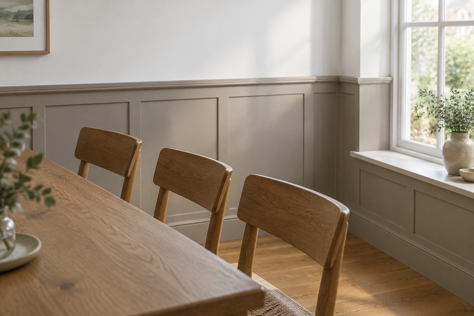 Daylight dining room with a mushroom-painted paneled wall, a level cap line and wooden chairs pushed back against it