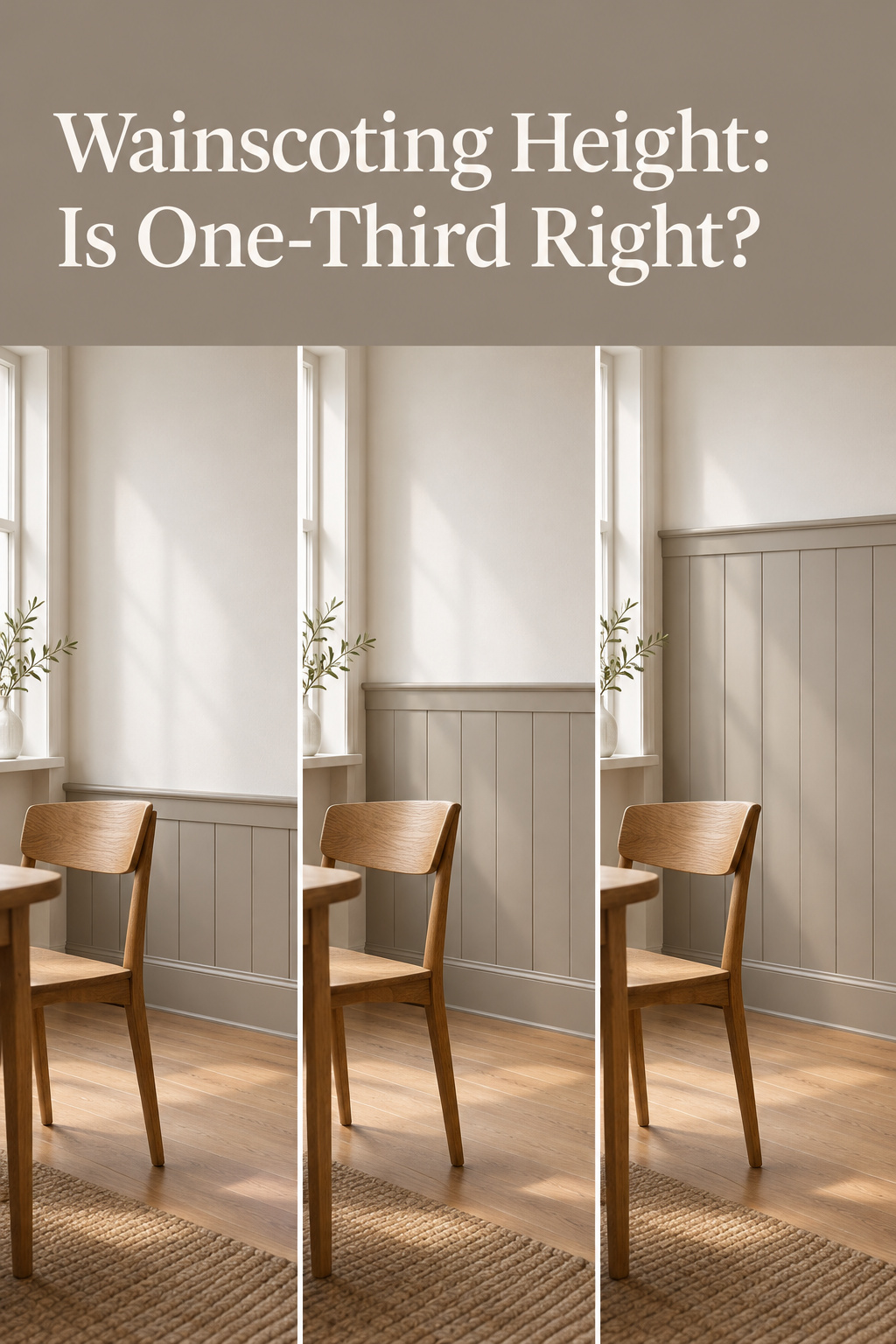 Three panels of a mushroom-painted dining room wainscot wall at different cap heights beside a wooden chair under a headline asking whether one-third is right