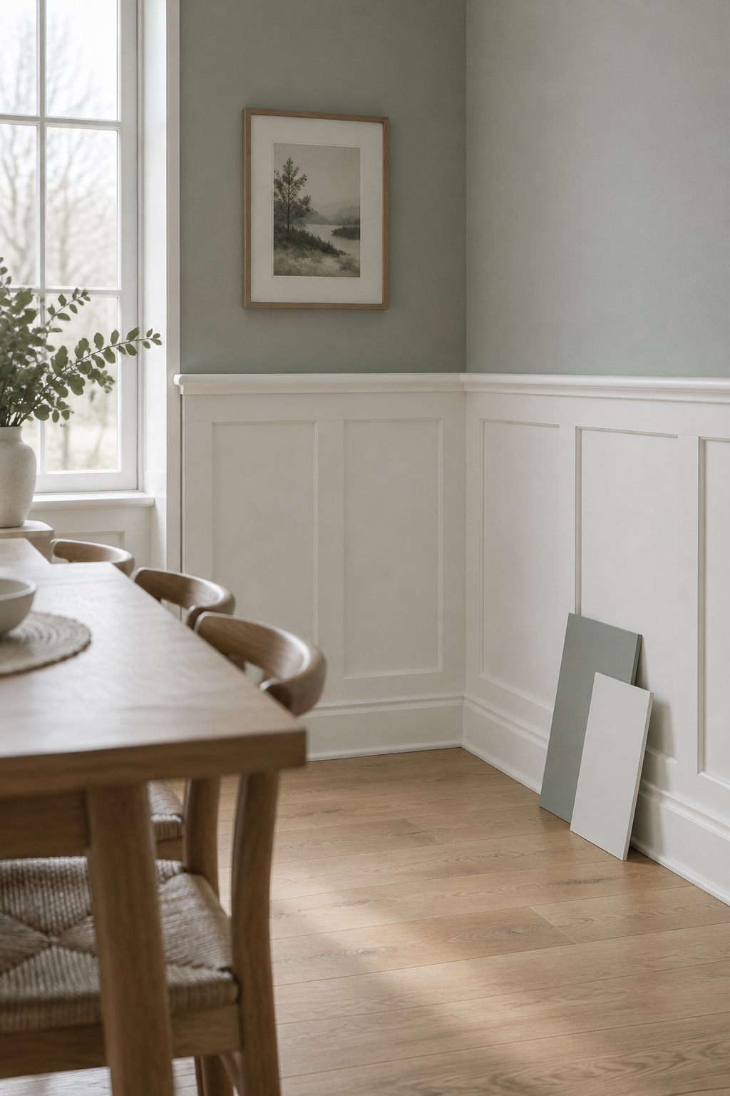 Daylight dining room with chalk-white paneled wainscot under a celadon-grey wall and plain oak chairs pushed back to the panels
