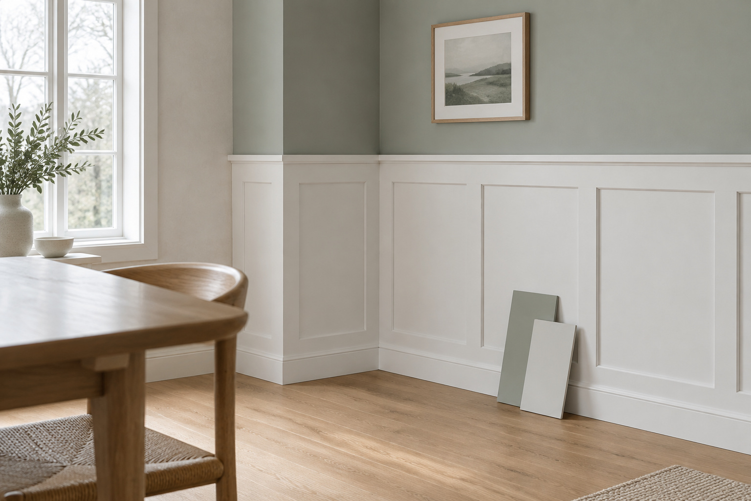 Daylight dining room with chalk-white paneled wainscot under a celadon-grey wall and plain oak chairs pushed back to the panels
