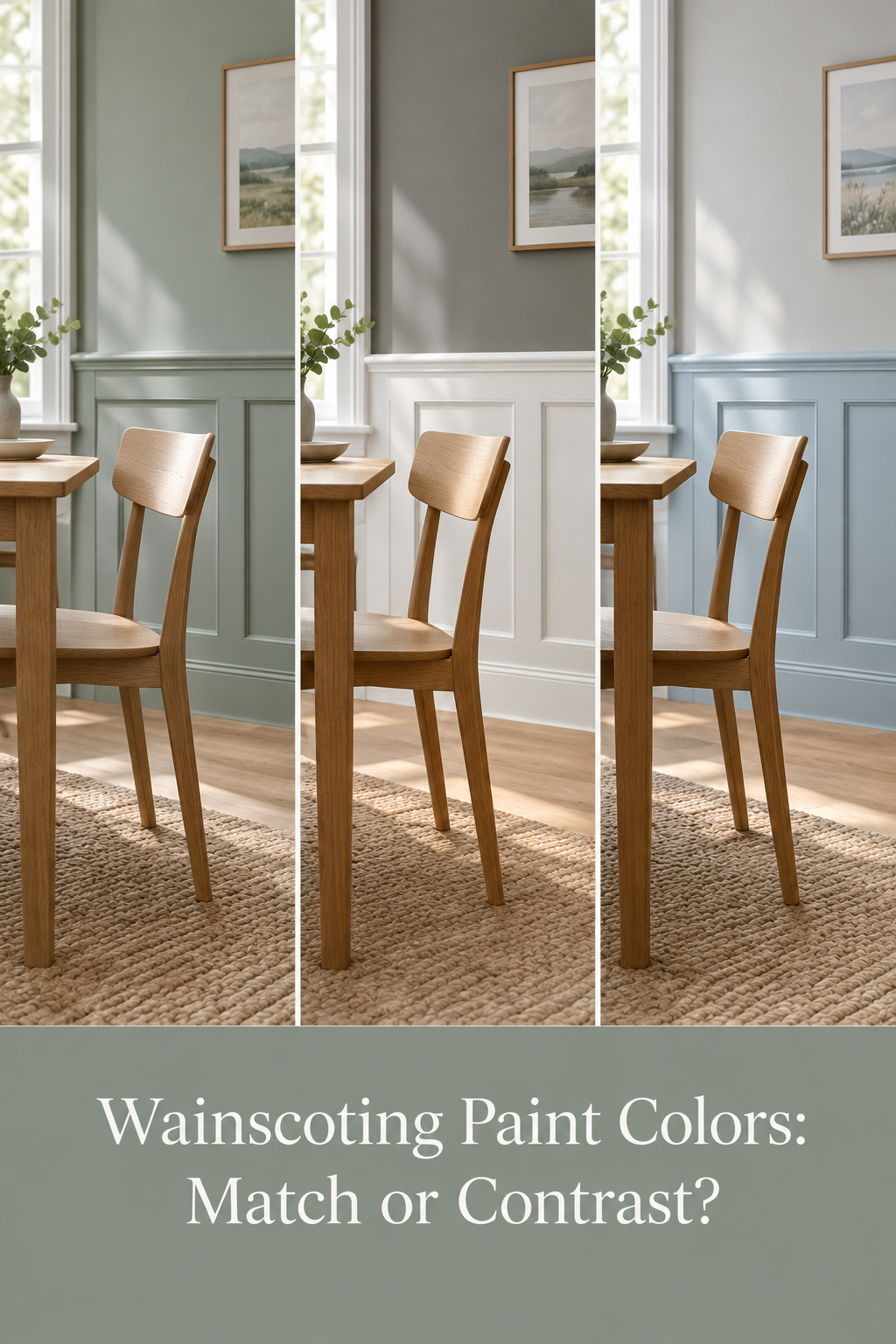 Three panels of painted dining room wainscot in different color relationships beside a wooden chair under a headline asking whether to match or contrast