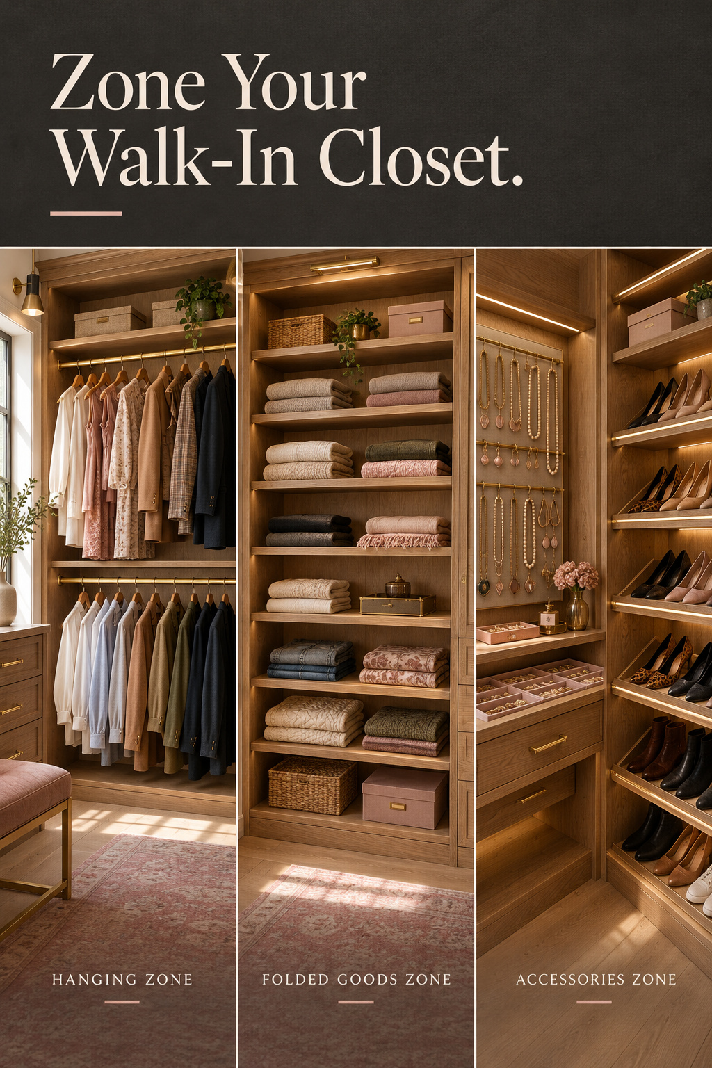 Pinterest pin showing three walk-in closet zones: hanging by category, folded-goods wall, and accessory storage