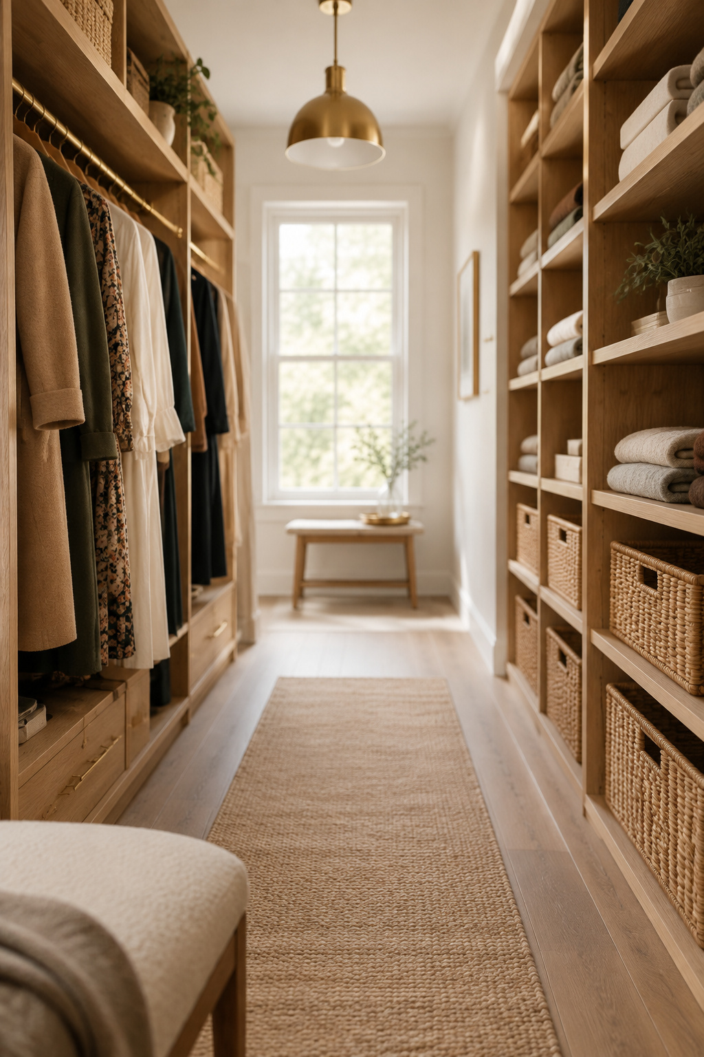Walk-in closet with a long-hang wall of coats and dresses opposite a folded-goods wall of oak shelving and rattan bins