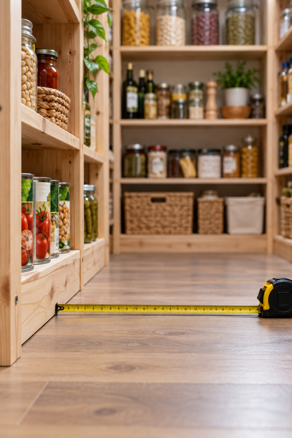 Tape measure stretched across the aisle floor of a walk-in pantry between two shelf walls