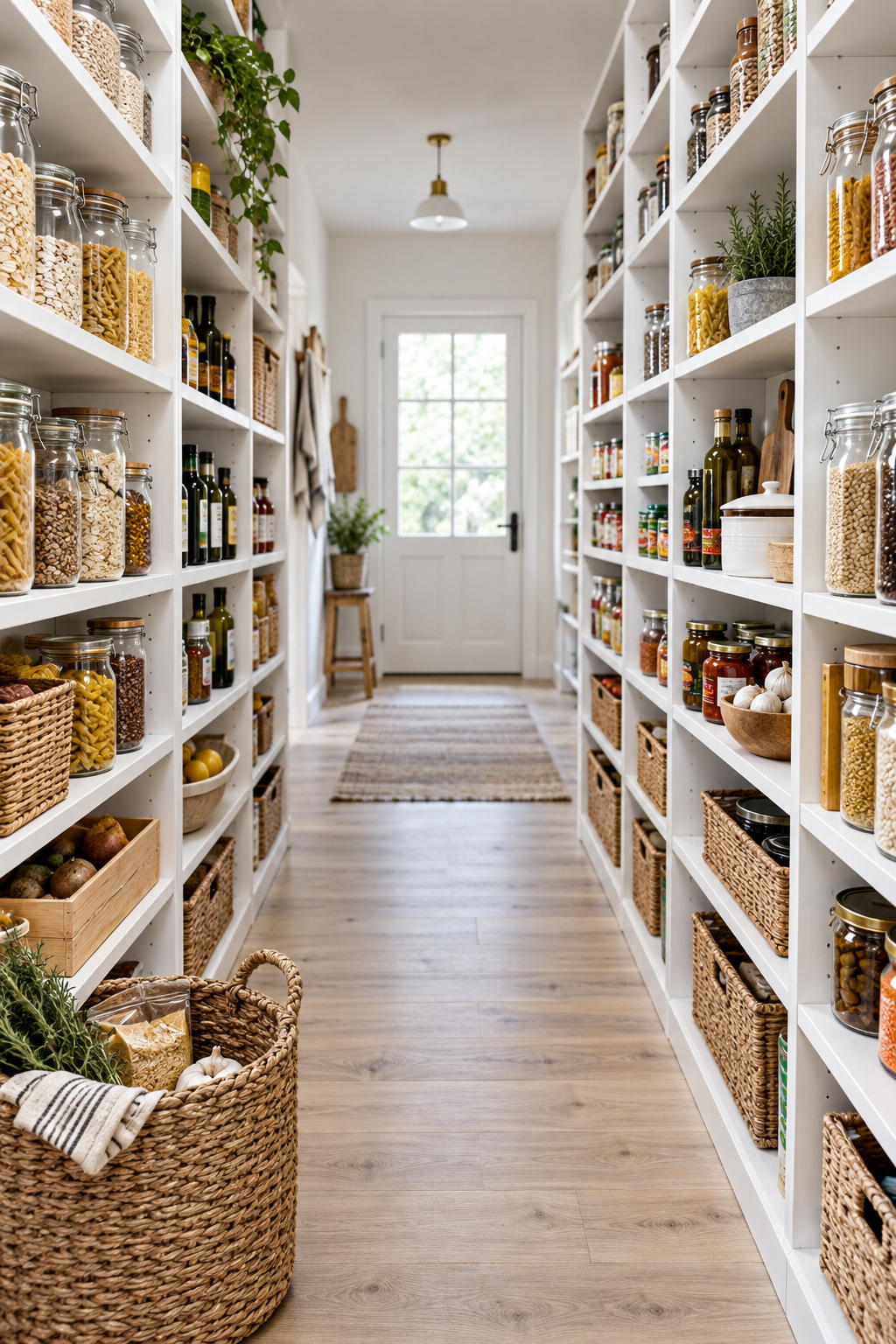 Wide clear floor aisle between two facing walk-in pantry shelf walls stocked with real food